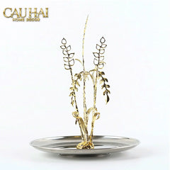 Elysian - Khay Tròn Đĩa Trái Cây Platinum Métallique Golden Eucalyptus Branch D30-CẬU HAI HOME DECOR