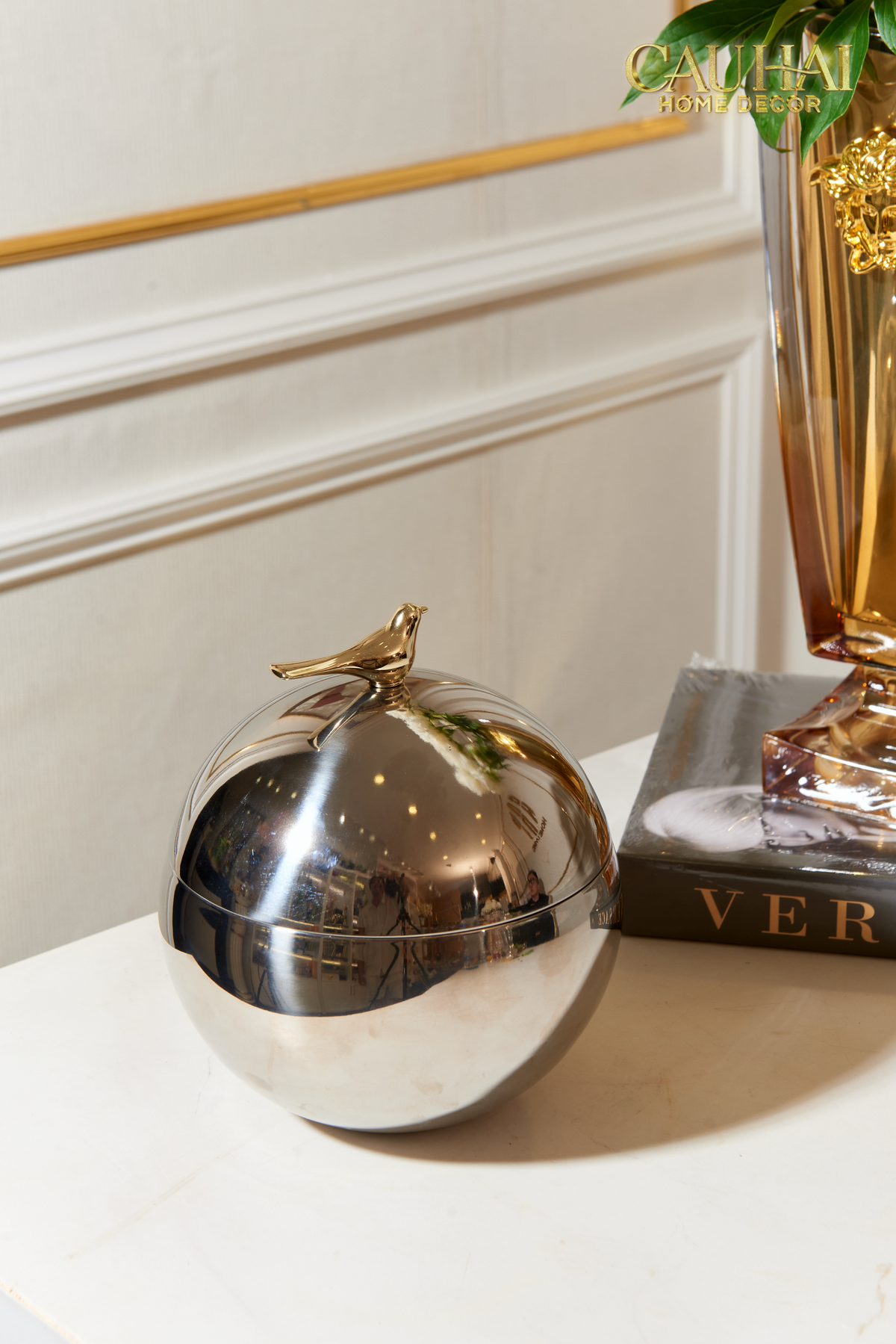 Elysian - Lọ Kẹo Hộp Lưu Trữ Hình Cầu Platinum Gilded Aviary Sphere-LY THỦY TINH-Đối tác tại Trung Quốc theo từng đơn đặt hàng-CẬU HAI HOME DECOR