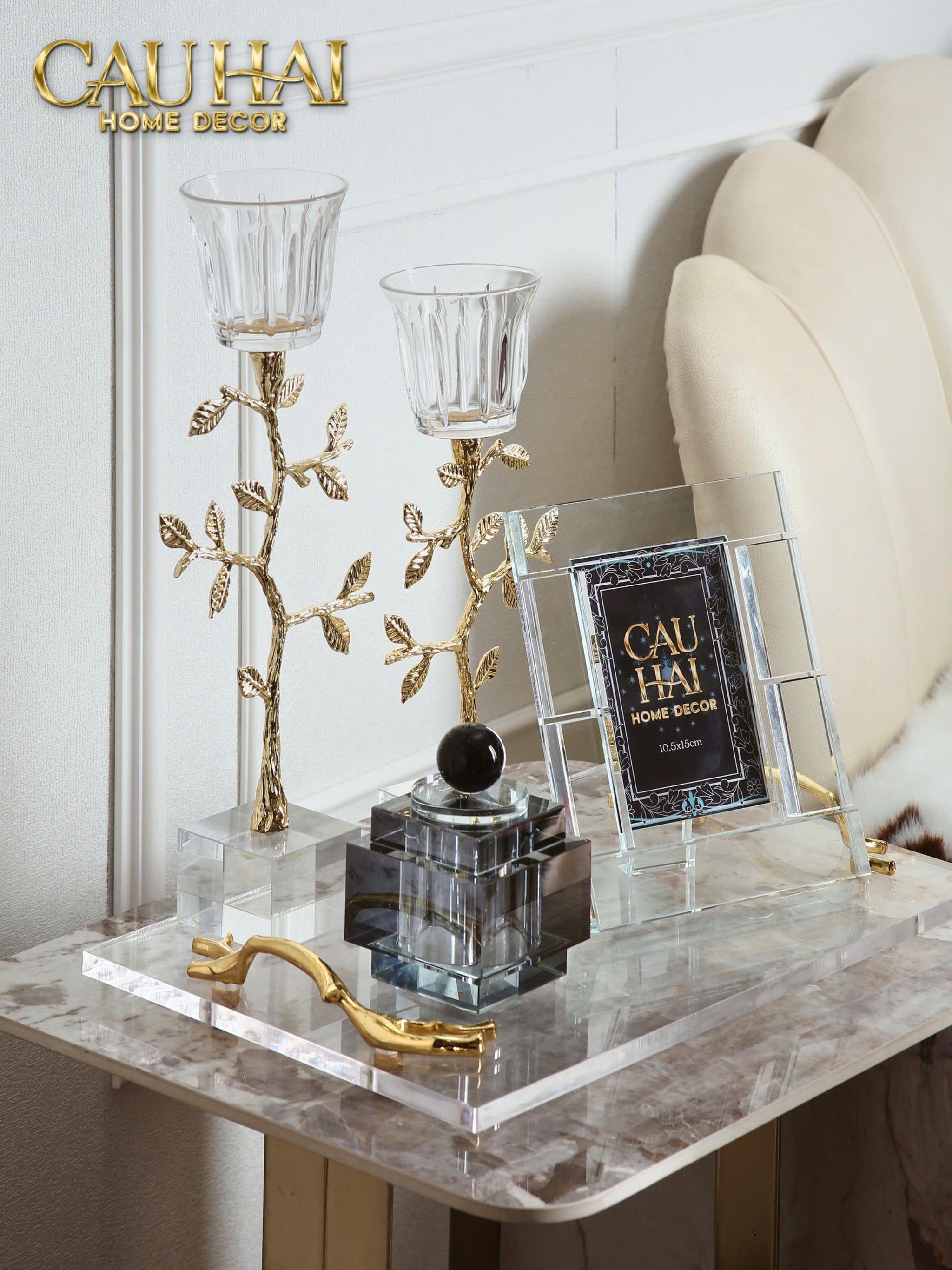 HOME COUTURE - SET 2 ĐẾ NẾN PHA LÊ AURUM BRANCHE SPÉCIALE ÉDITION H33/40 - CẬU HAI HOME DECOR