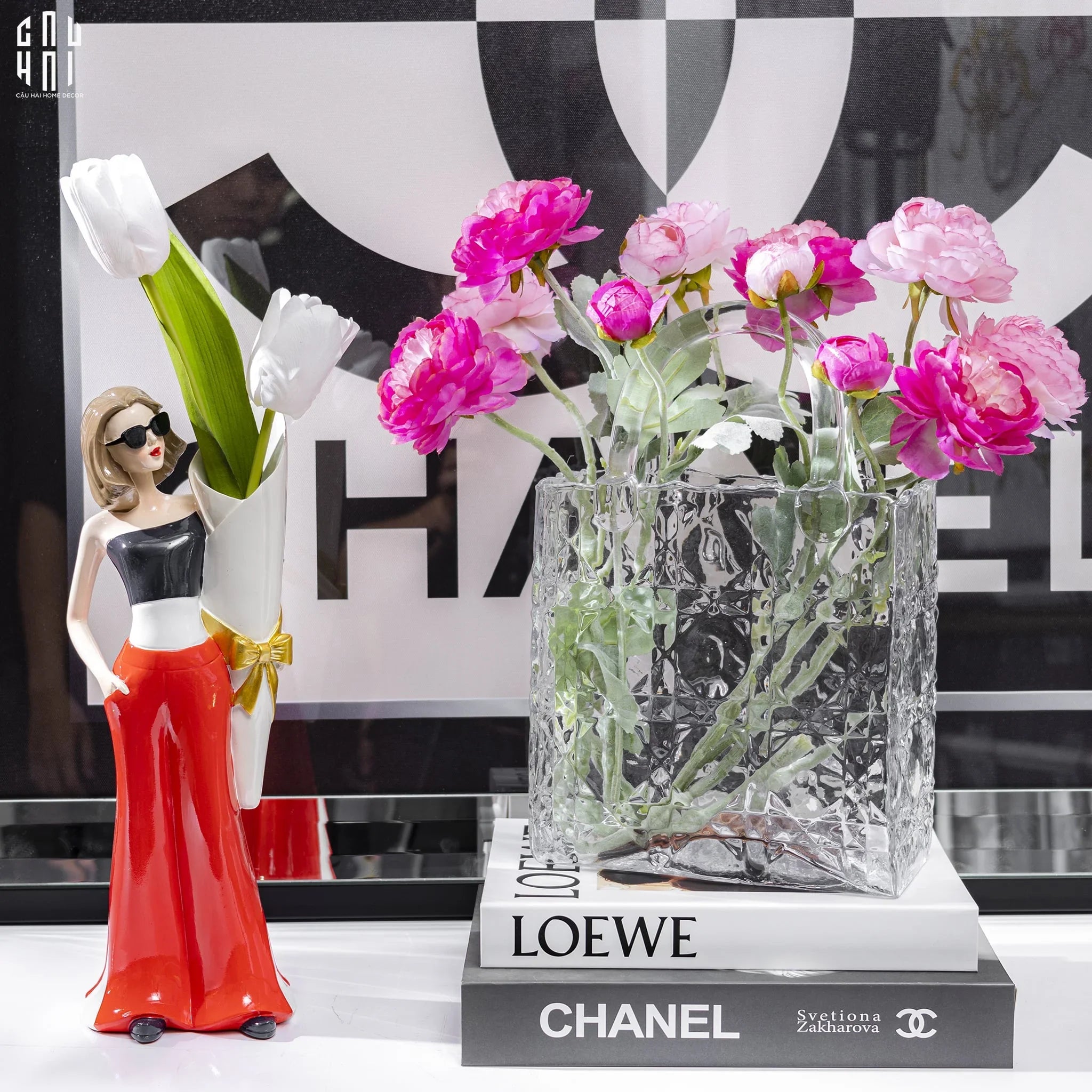 GIỎ HOA THUỶ TINH WHITE D.O-CẬU HAI HOME DECOR