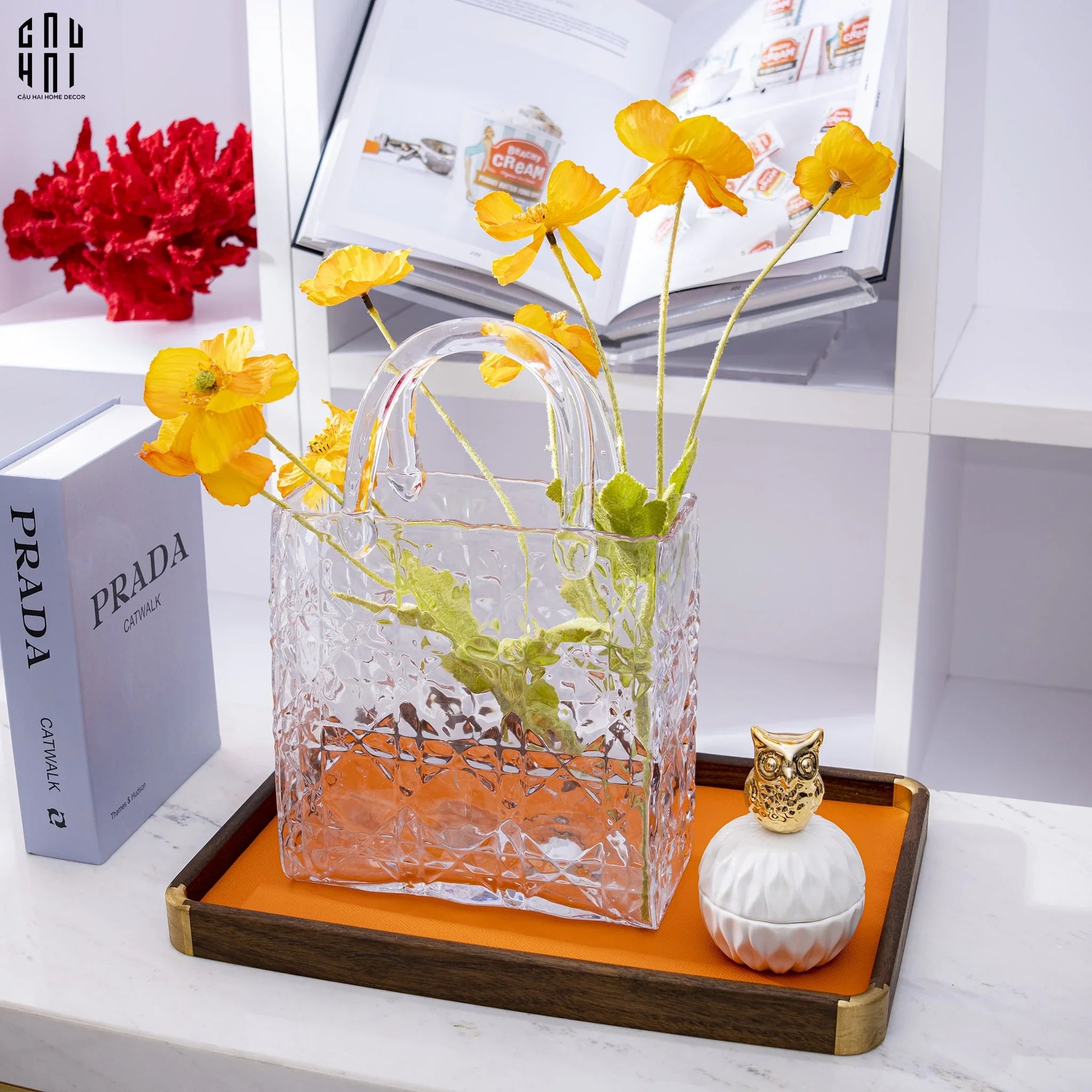 GIỎ HOA THUỶ TINH WHITE D.O-CẬU HAI HOME DECOR