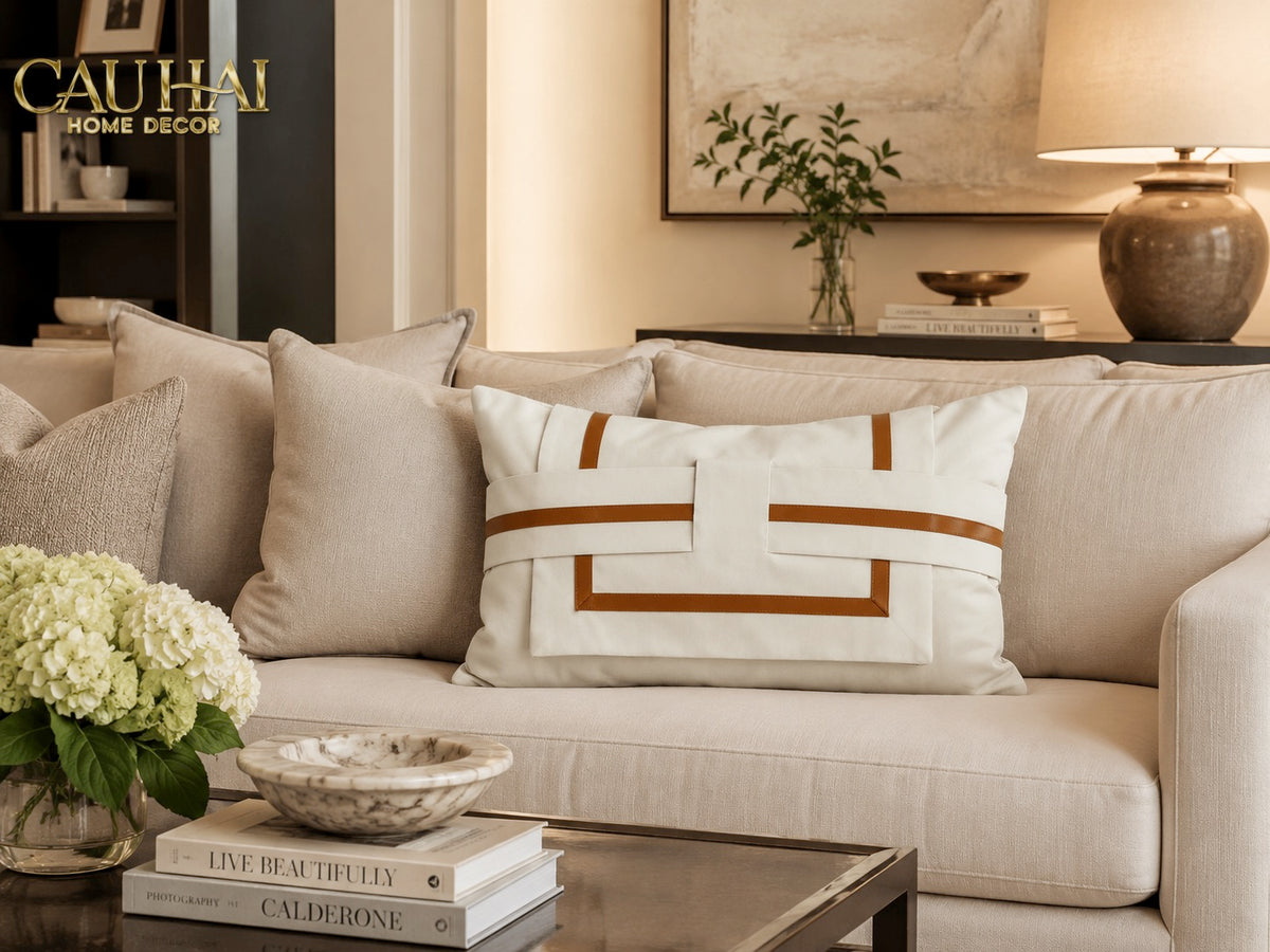Gối Da Cadre Harnais Ivory Cognac 30x50-VỎ GỐI SOFA-CẬU HAI HOME DECOR-CẬU HAI HOME DECOR