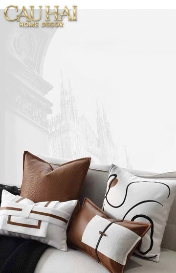 Gối Da Cadre Harnais Ivory Cognac 30x50-VỎ GỐI SOFA-CẬU HAI HOME DECOR-CẬU HAI HOME DECOR