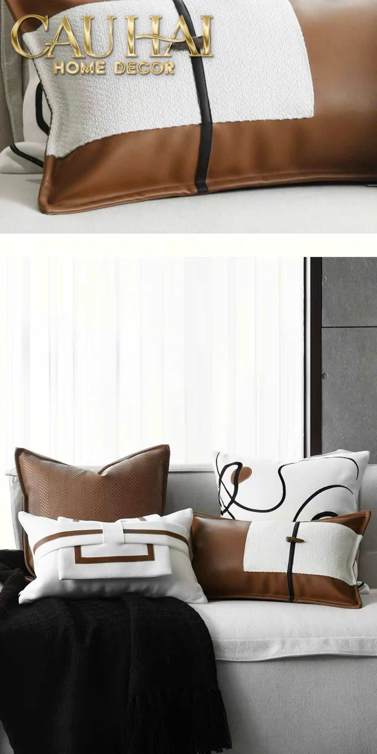 Gối Da Cadre Harnais Ivory Cognac 30x50-VỎ GỐI SOFA-CẬU HAI HOME DECOR-CẬU HAI HOME DECOR