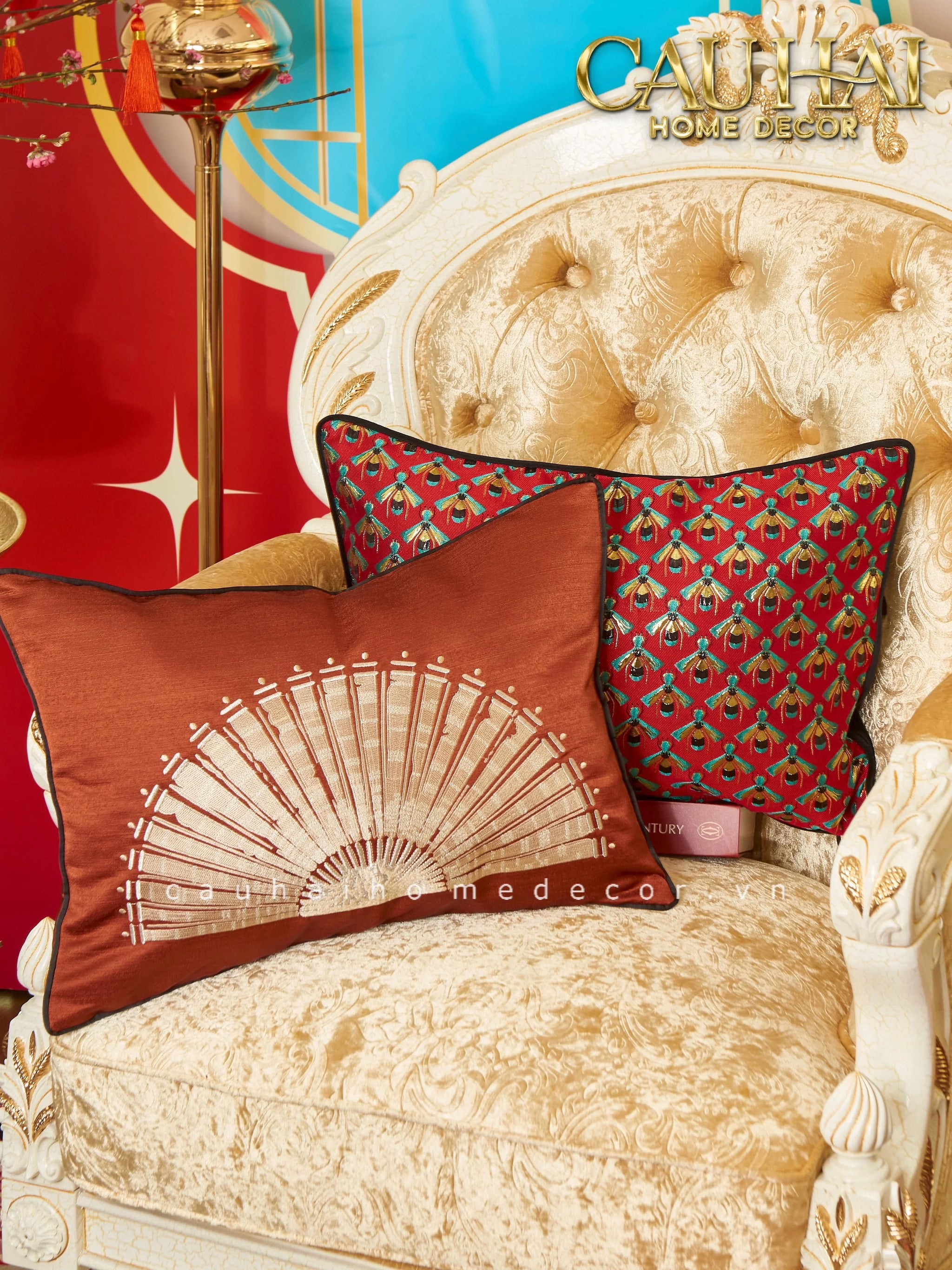 Gối Jacquard Rouge Oriental Éventail Lunaire d’Or 35x50-CẬU HAI HOME DECOR