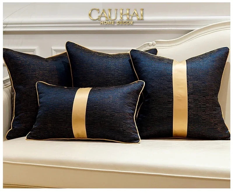 Gối Lụa Jacquard Navy Sovereign Golden Lignes 30X50-CẬU HAI HOME DECOR
