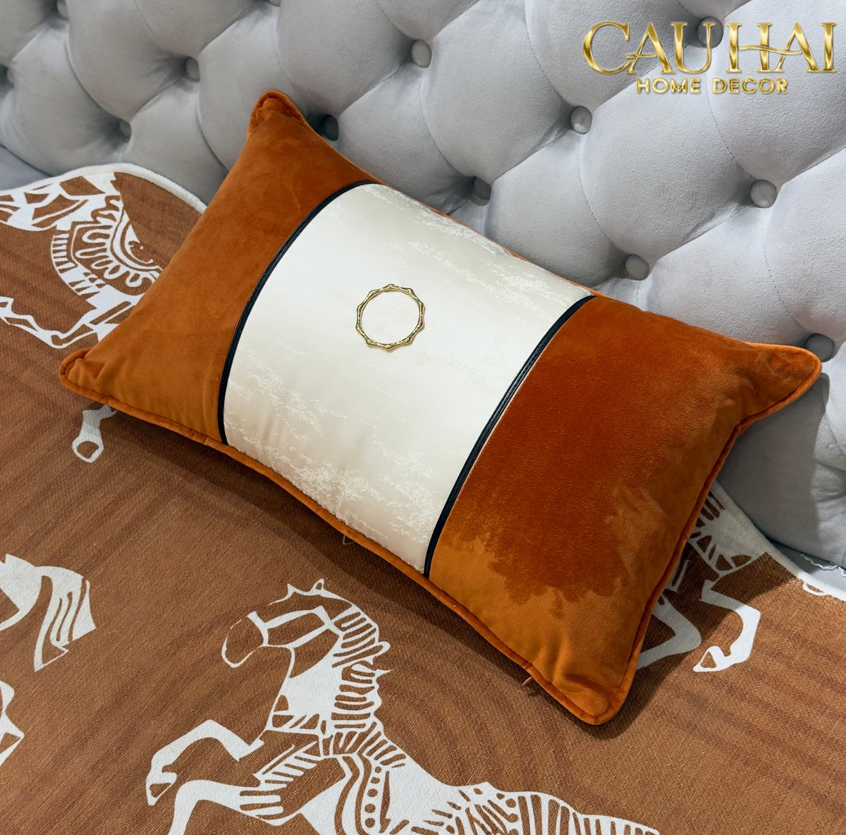 Gối Nhung Panel Cognac Ivory 30x50-Gối Trang Trí-CẬU HAI HOME DECOR-CẬU HAI HOME DECOR