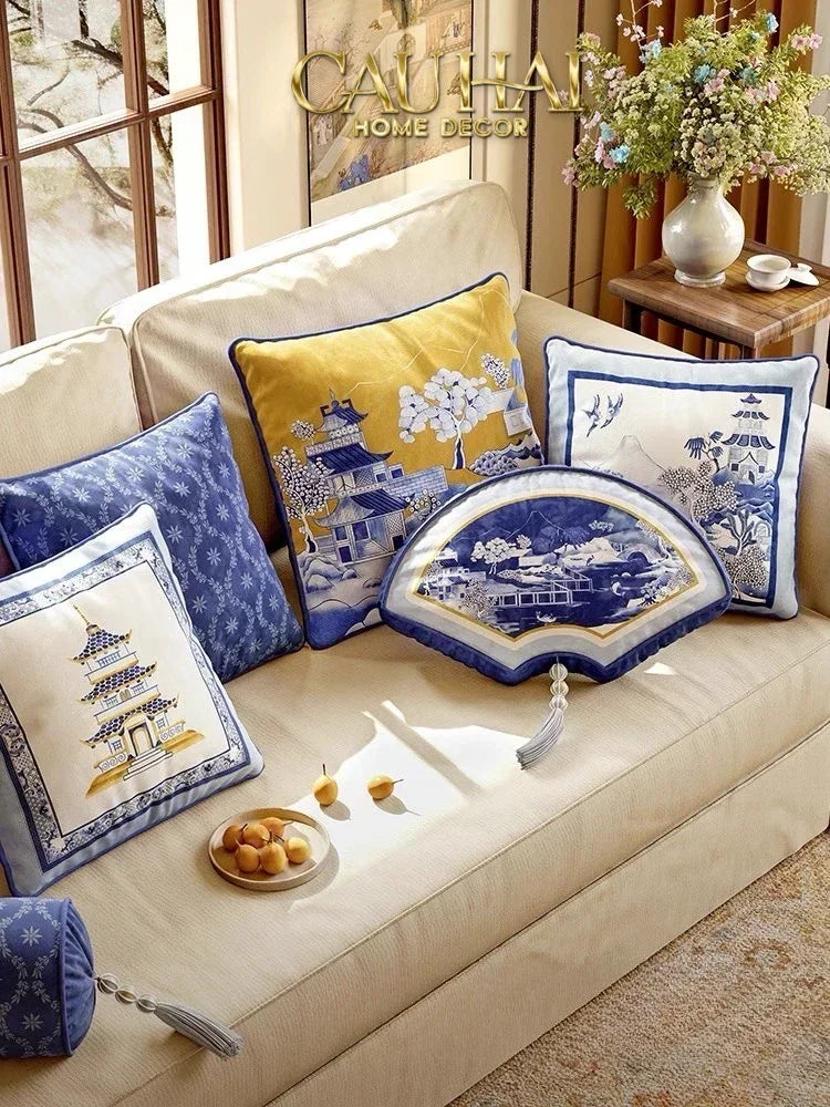 Gối Nhung Quạt IndigoEmperor Fan Indochine Art Cushion-CẬU HAI HOME DECOR
