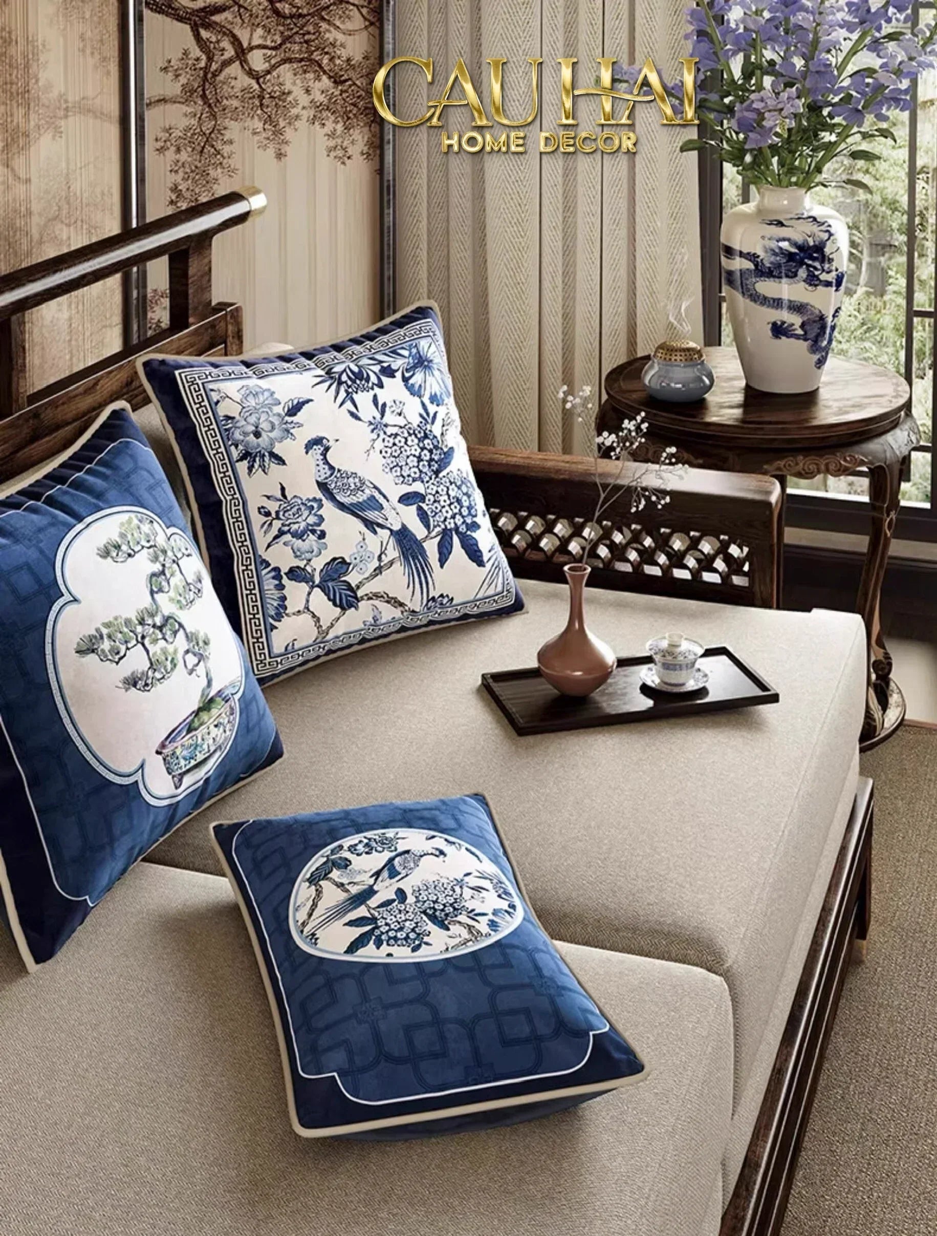 Gối Nhung Quạt IndigoEmperor Fan Indochine Art Cushion-CẬU HAI HOME DECOR