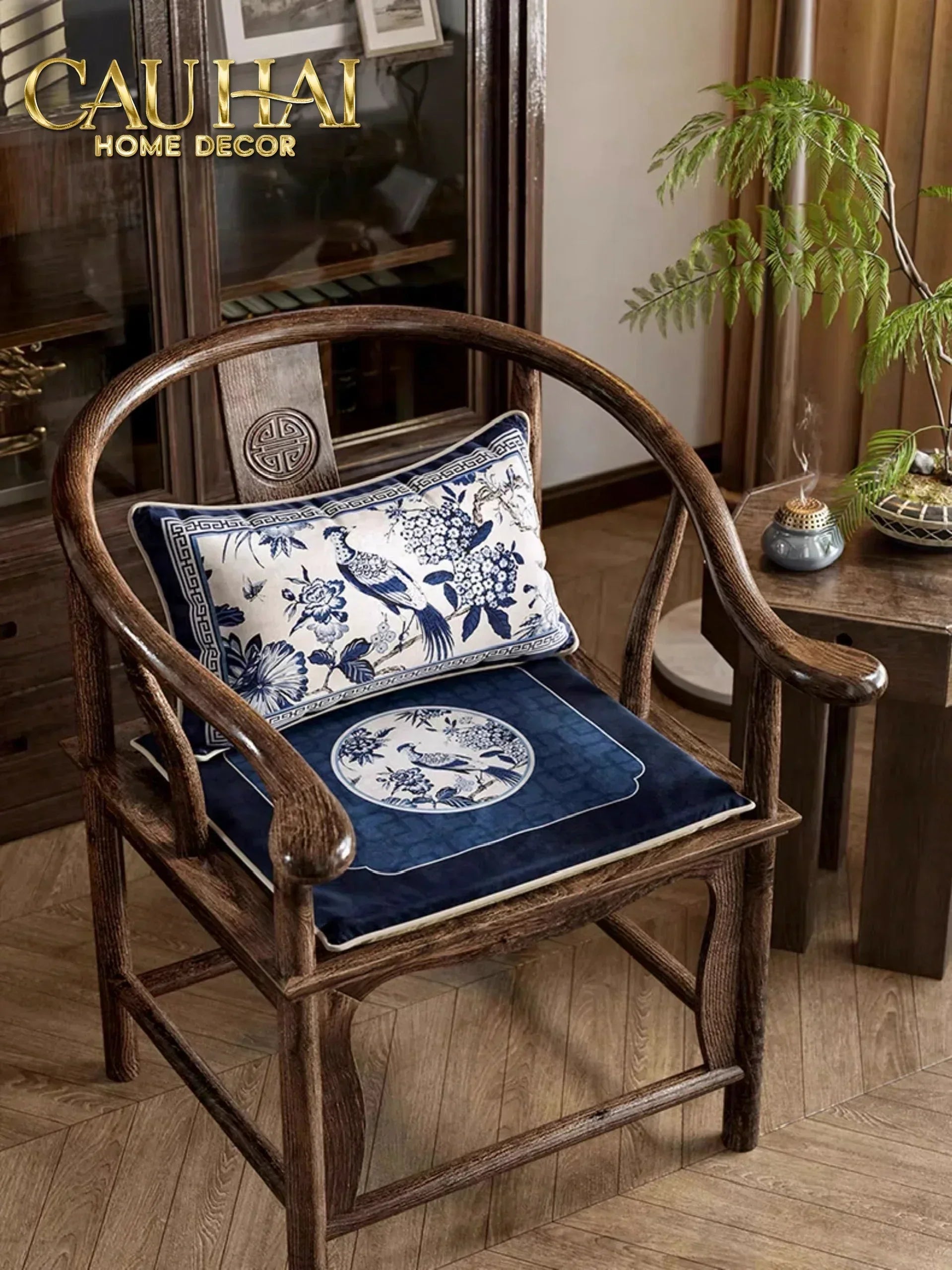 Gối Nhung Quạt IndigoEmperor Fan Indochine Art Cushion-CẬU HAI HOME DECOR
