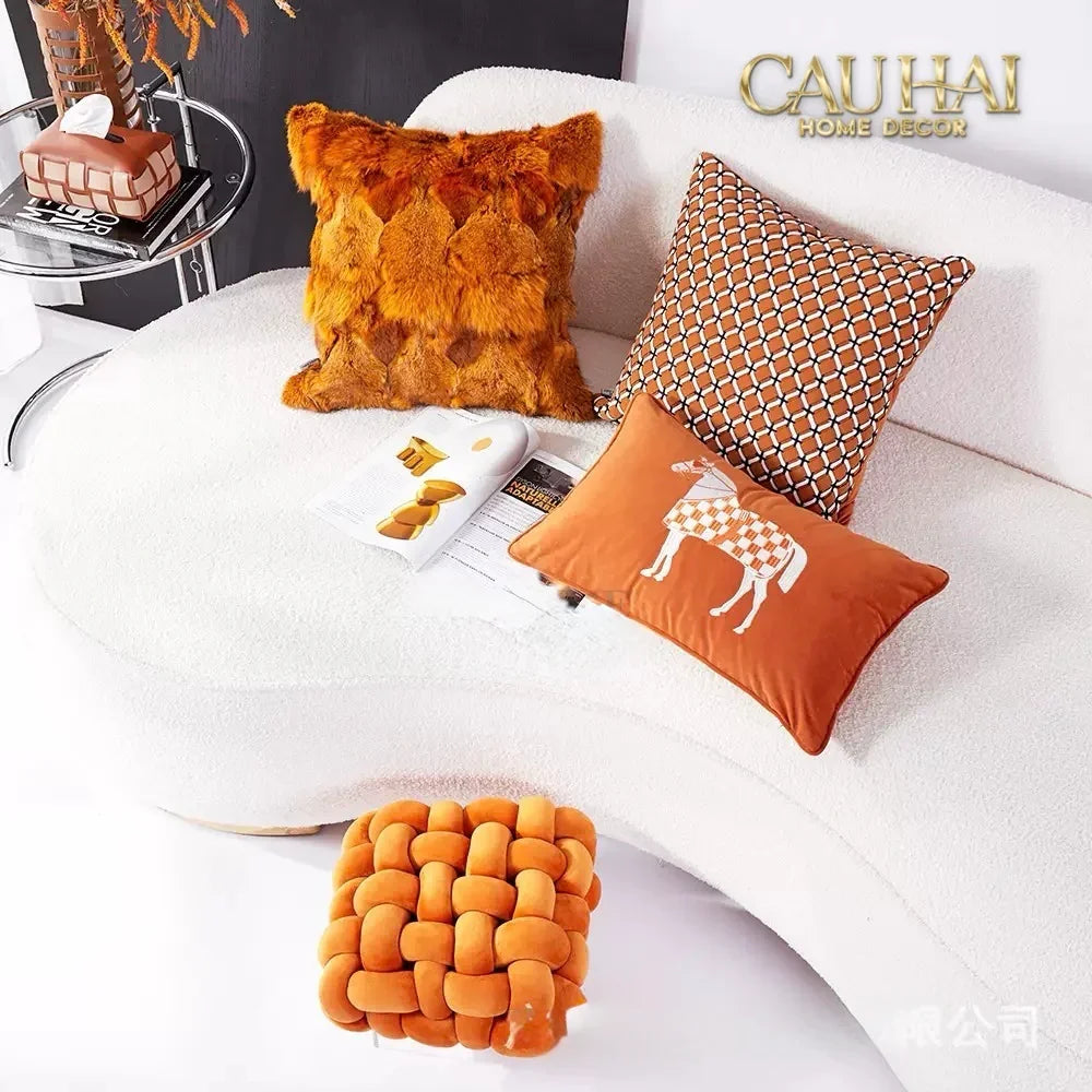 Gối Nhung Thêu Équestre Moderne Cognac Embroidered 30x50-VỎ GỐI-CẬU HAI HOME DECOR-CẬU HAI HOME DECOR