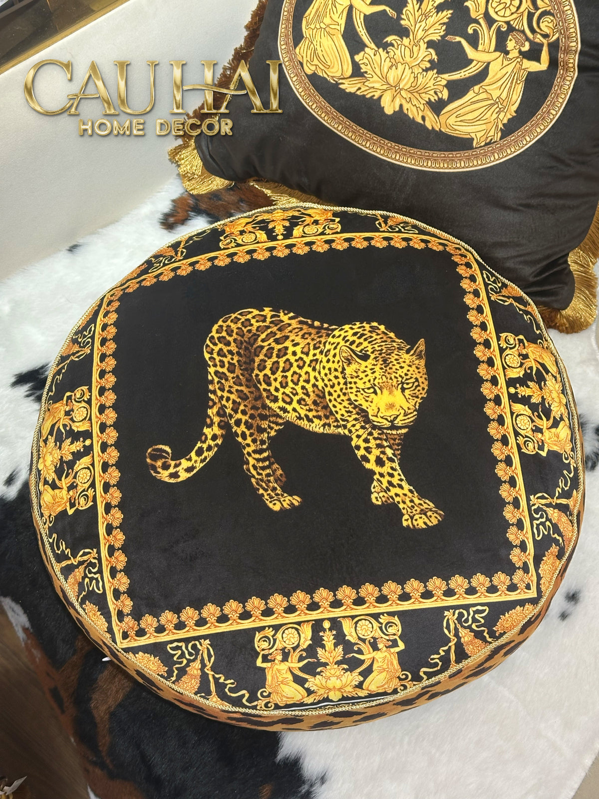Gối Tròn Velvet Baroque Leopard Noir D45-Gối-CẬU HAI HOME DECOR-CẬU HAI HOME DECOR