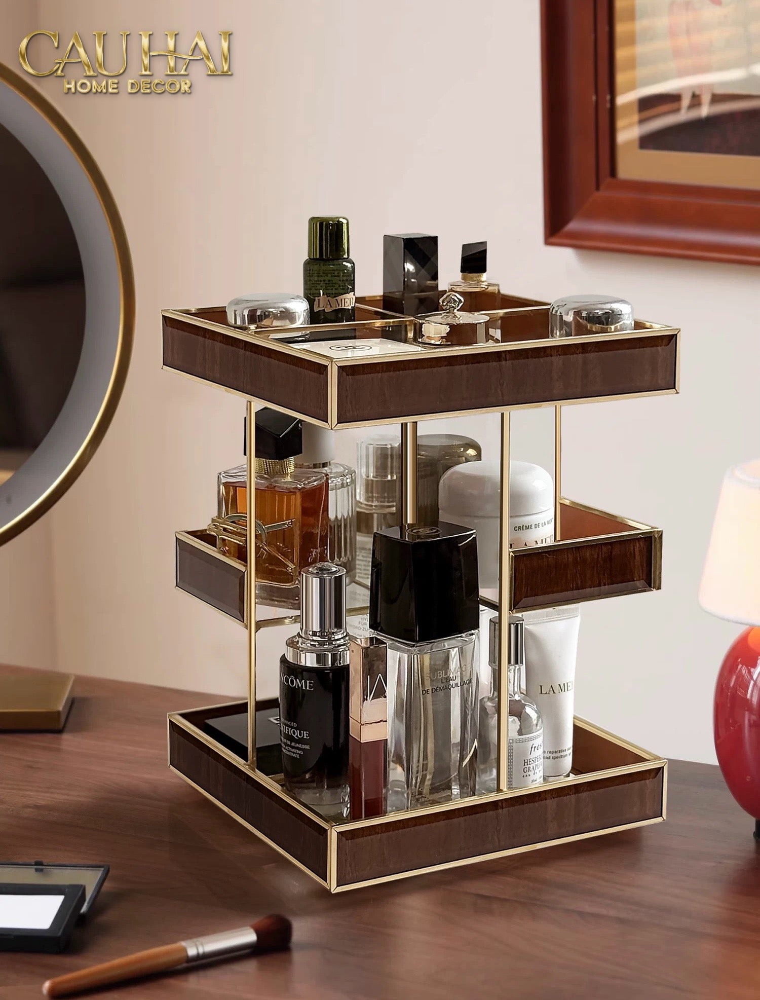 Haute Folie - Kệ 3 Tầng Thuỷ Tinh Xoay 360• Bàn Trang Điểm Élégance Rotating Vanity Organizer 20x20x28.8-CẬU HAI HOME DECOR