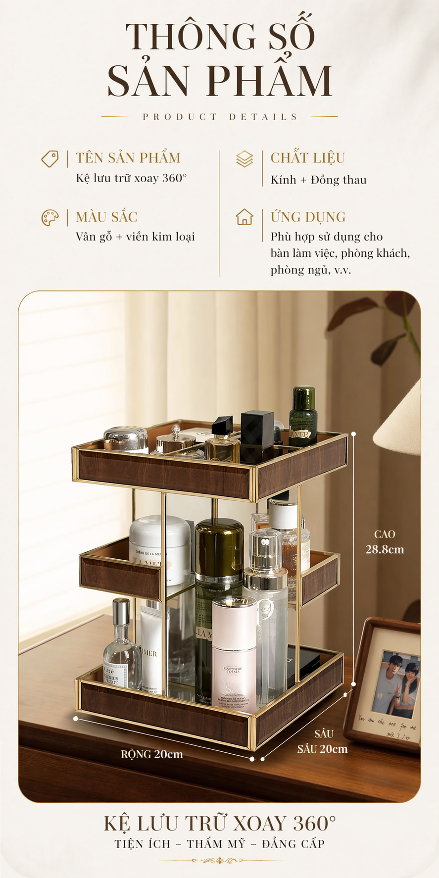 Haute Folie - Kệ 3 Tầng Thuỷ Tinh Xoay 360• Bàn Trang Điểm Élégance Rotating Vanity Organizer 20x20x28.8-CẬU HAI HOME DECOR