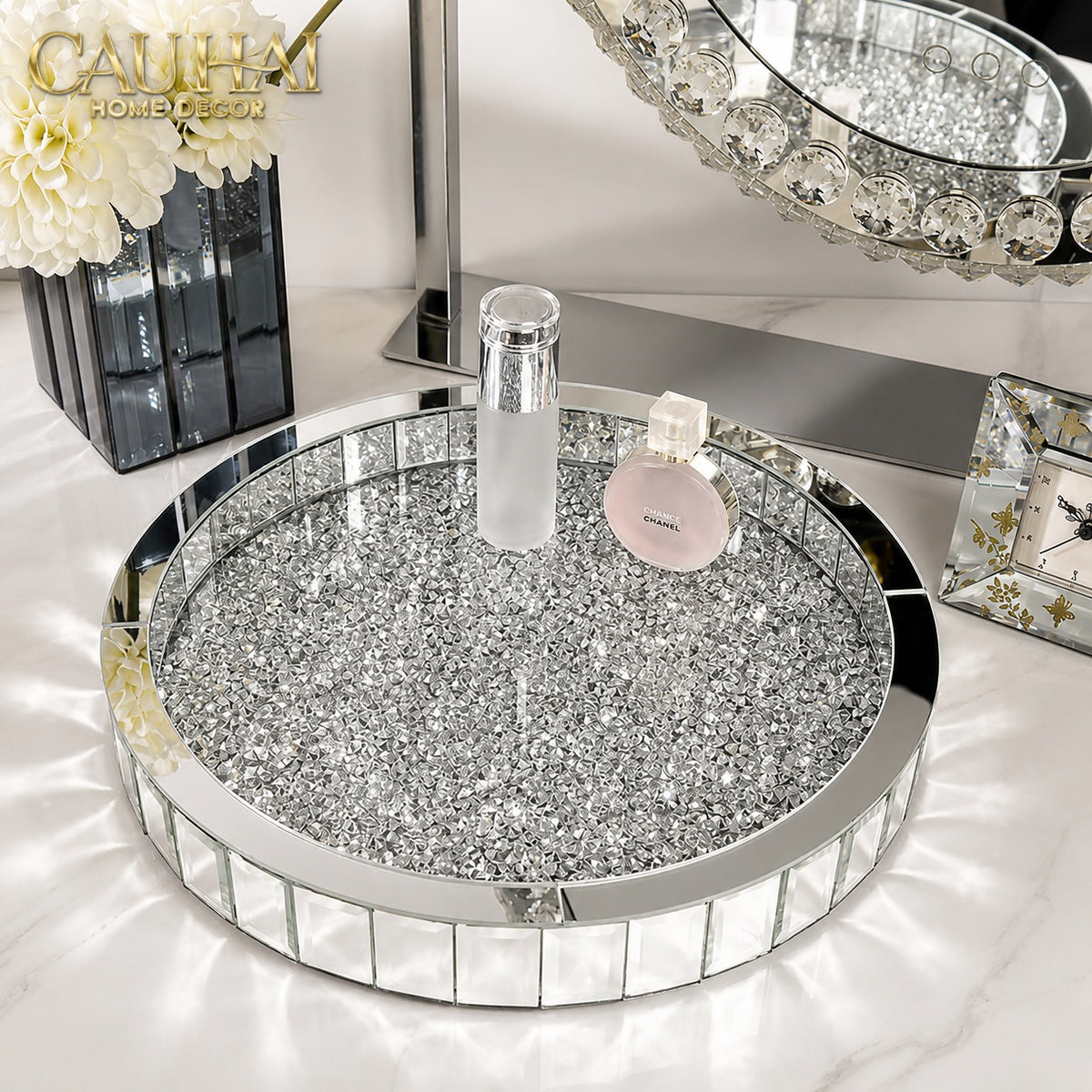 Haute Folie - Khay Gương Tròn Đế Xoay Starlight Mirrored Argenté D30-KHAY TRANG TRÍ-Đối tác tại Trung Quốc theo từng đơn đặt hàng-CẬU HAI HOME DECOR