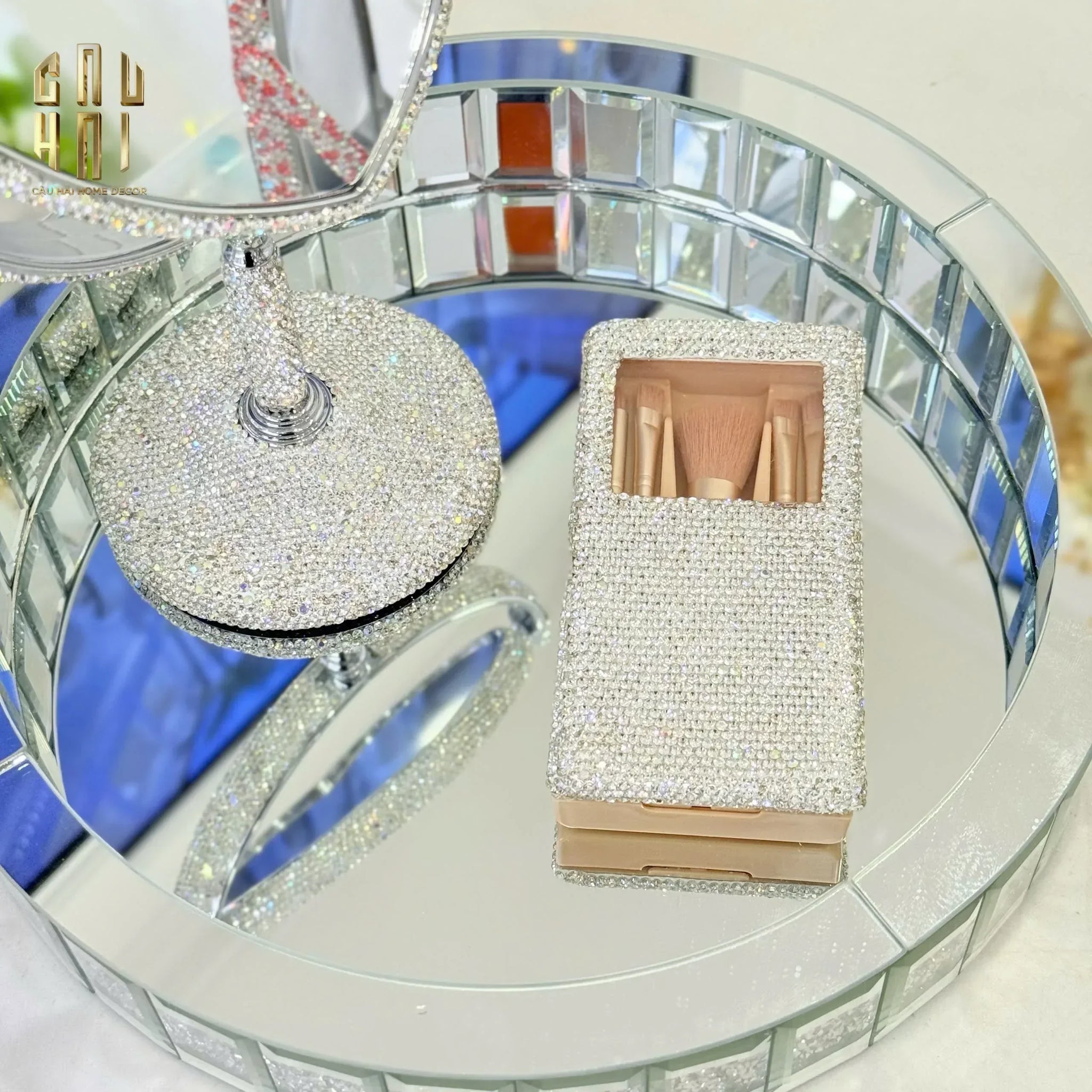 Haute Folie - Khay Gương Tròn Đính Kim Cương Bling Bling Silver Ronde Mirror Decoratives Trays D30-CẬU HAI HOME DECOR