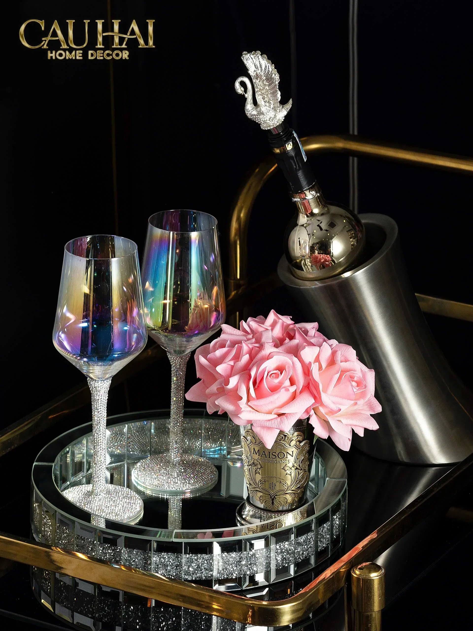 Haute Folie - Khay Gương Tròn Đính Kim Cương Bling Bling Silver Ronde Mirror Decoratives Trays D30-CẬU HAI HOME DECOR