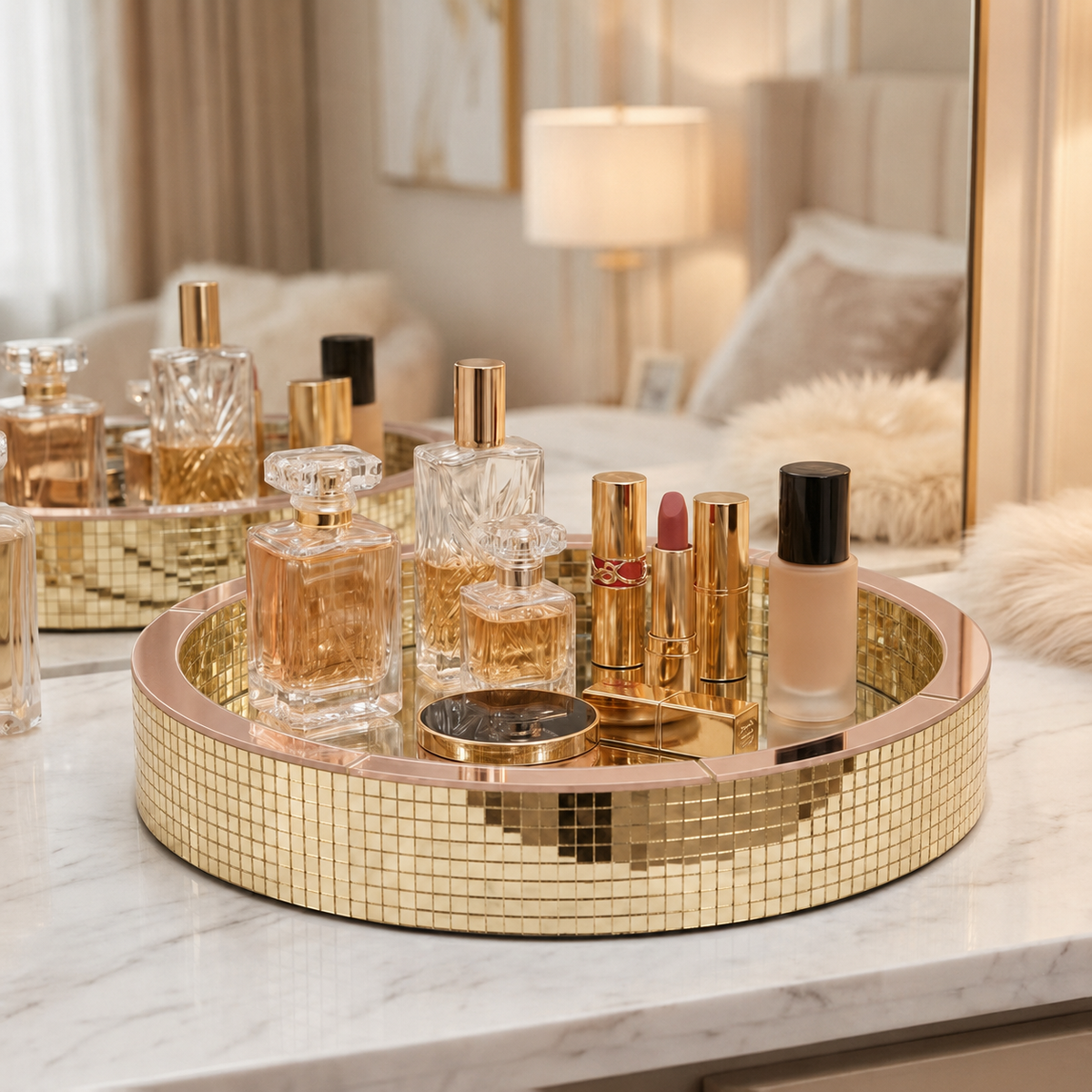 Haute Folie - Khay Gương Tròn Mosaic Gold Viền Rosé D28-CẬU HAI HOME DECOR-CẬU HAI HOME DECOR