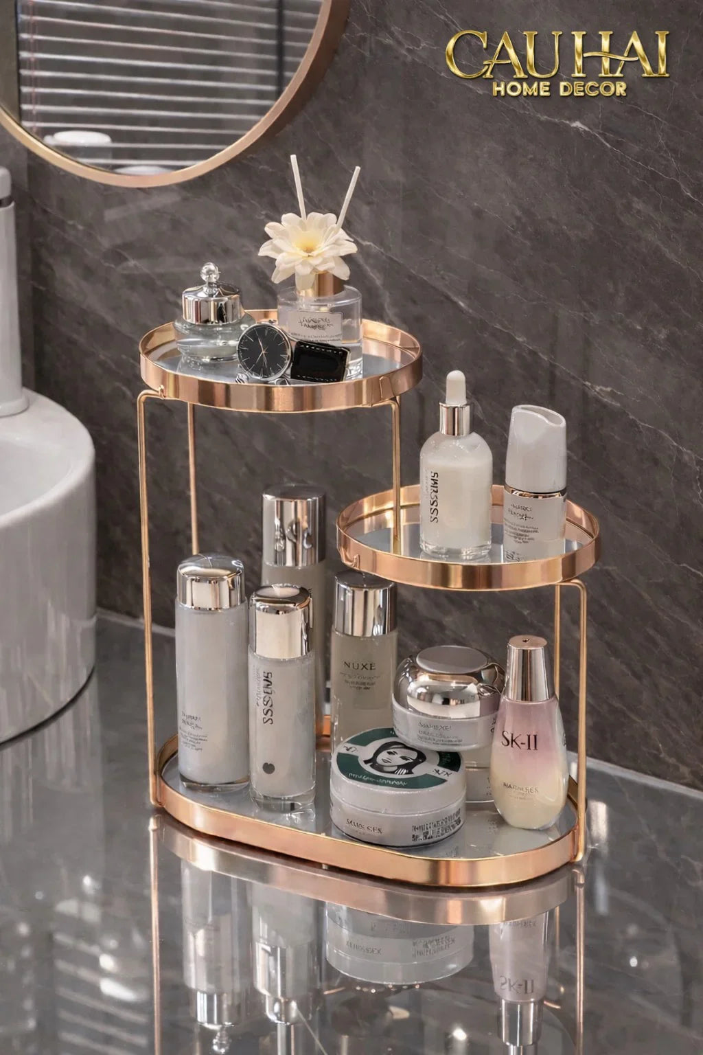 Haute Folie - Khay Kệ Gương Tròn 2 Tầng Bàn Trang Điểm - New Oracle Beauty Mirror Trays-KHAY TRANG TRÍ-CẬU HAI HOME DECOR-CẬU HAI HOME DECOR