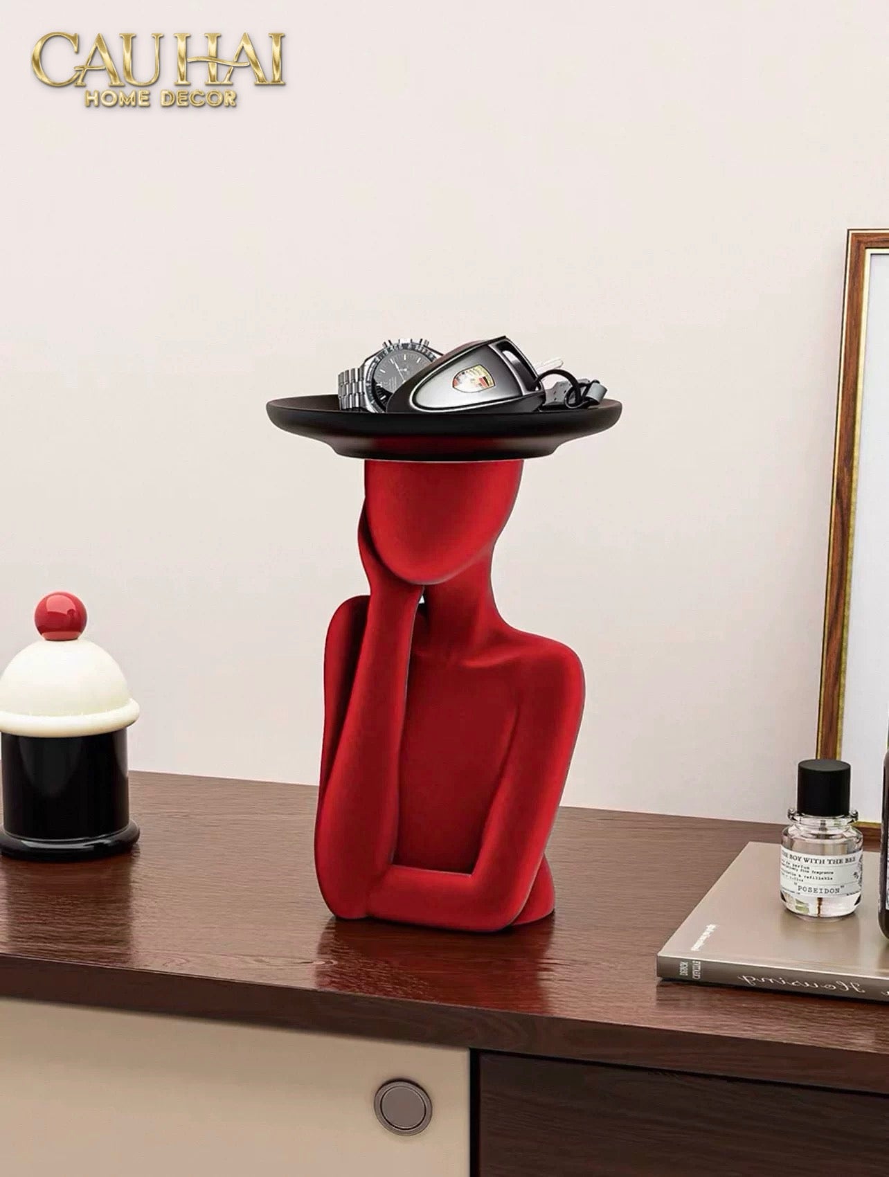 Haute Folie - Tượng Cô Gái Nhung Đỏ Muse de Velours Rouge Coupelle 22x15-CẬU HAI HOME DECOR