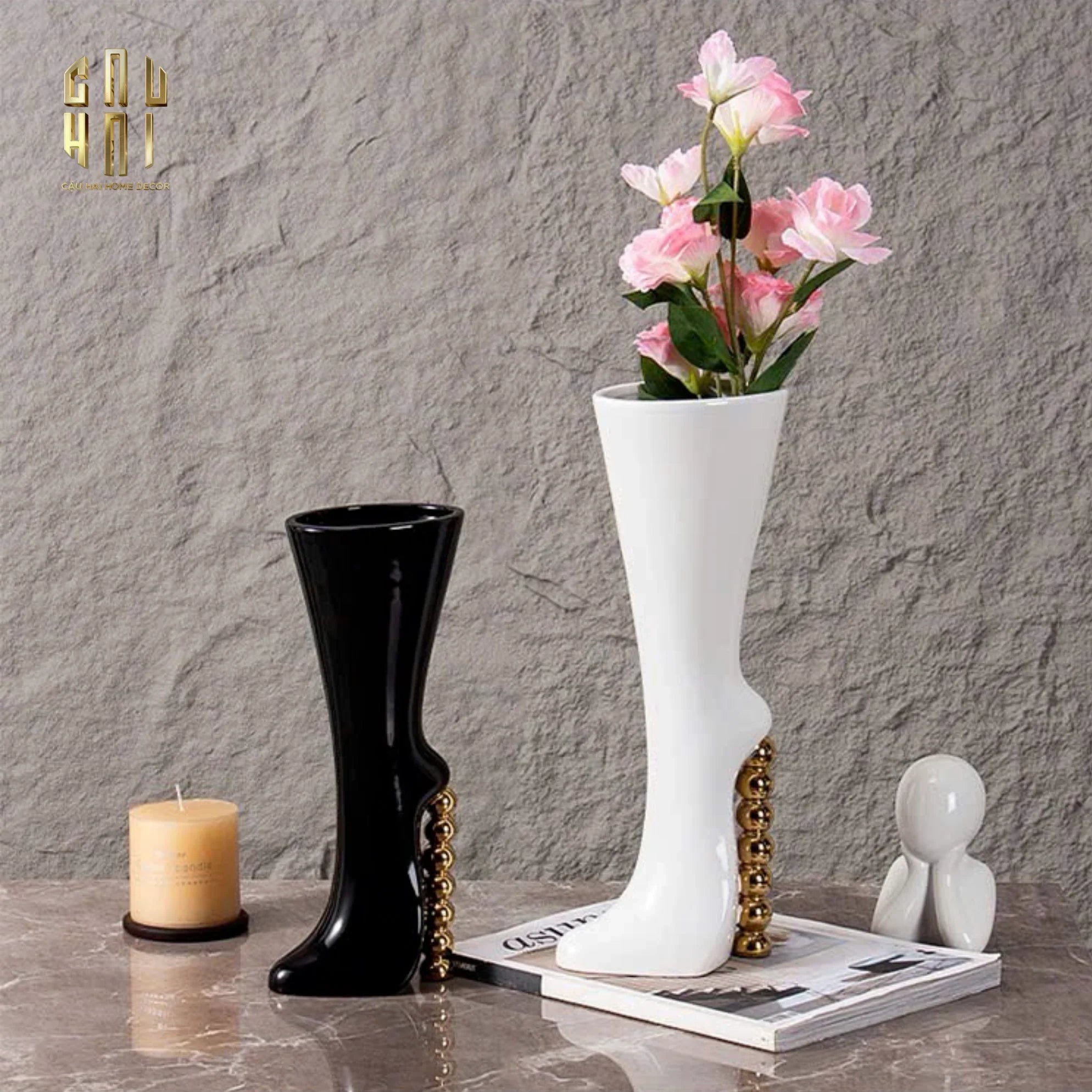 HOME COUTURE - BÌNH HOA CATWALK HIGH HEEL PEARL WHITE VASE H38 - CẬU HAI HOME DECOR