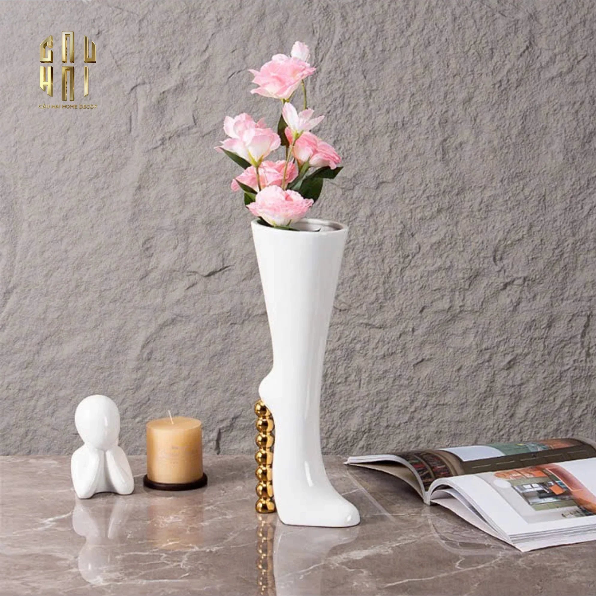 HOME COUTURE - BÌNH HOA CATWALK HIGH HEEL PEARL WHITE VASE H38 - CẬU HAI HOME DECOR