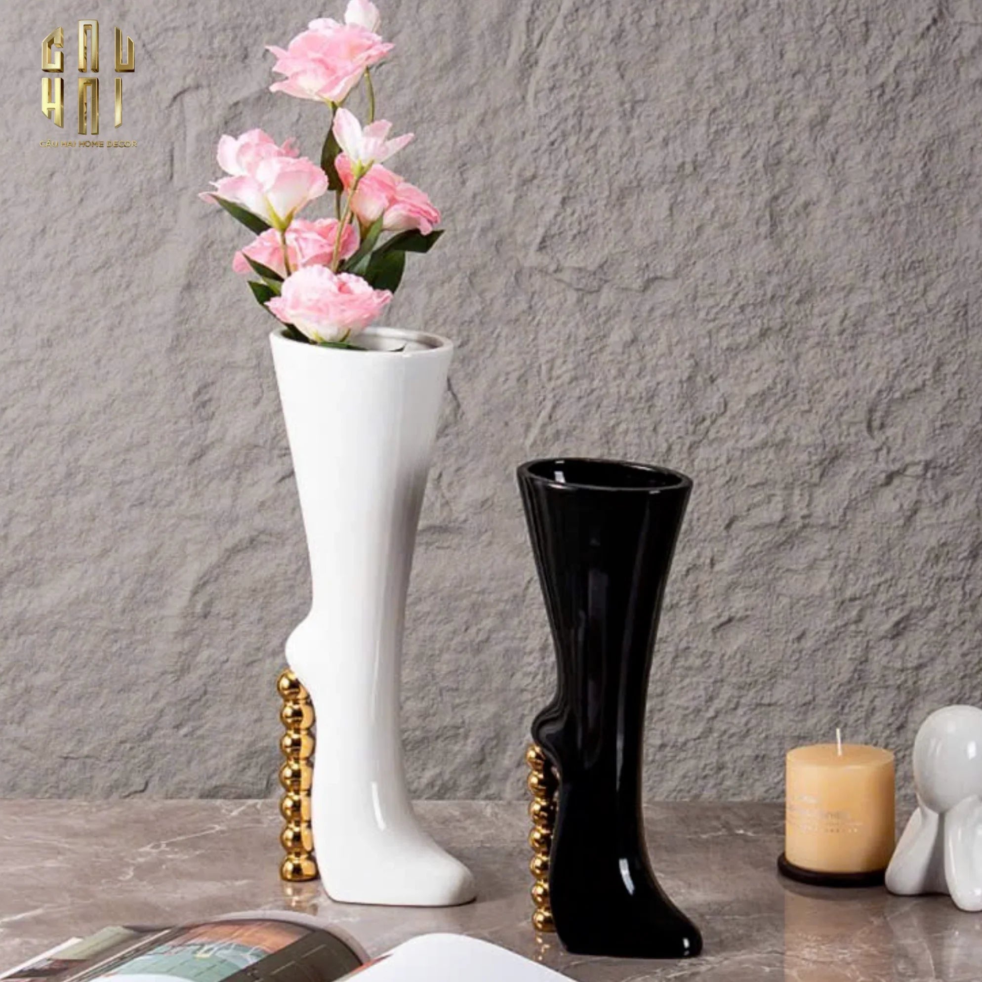 HOME COUTURE - BÌNH HOA CATWALK HIGH HEEL PEARL WHITE VASE H38 - CẬU HAI HOME DECOR