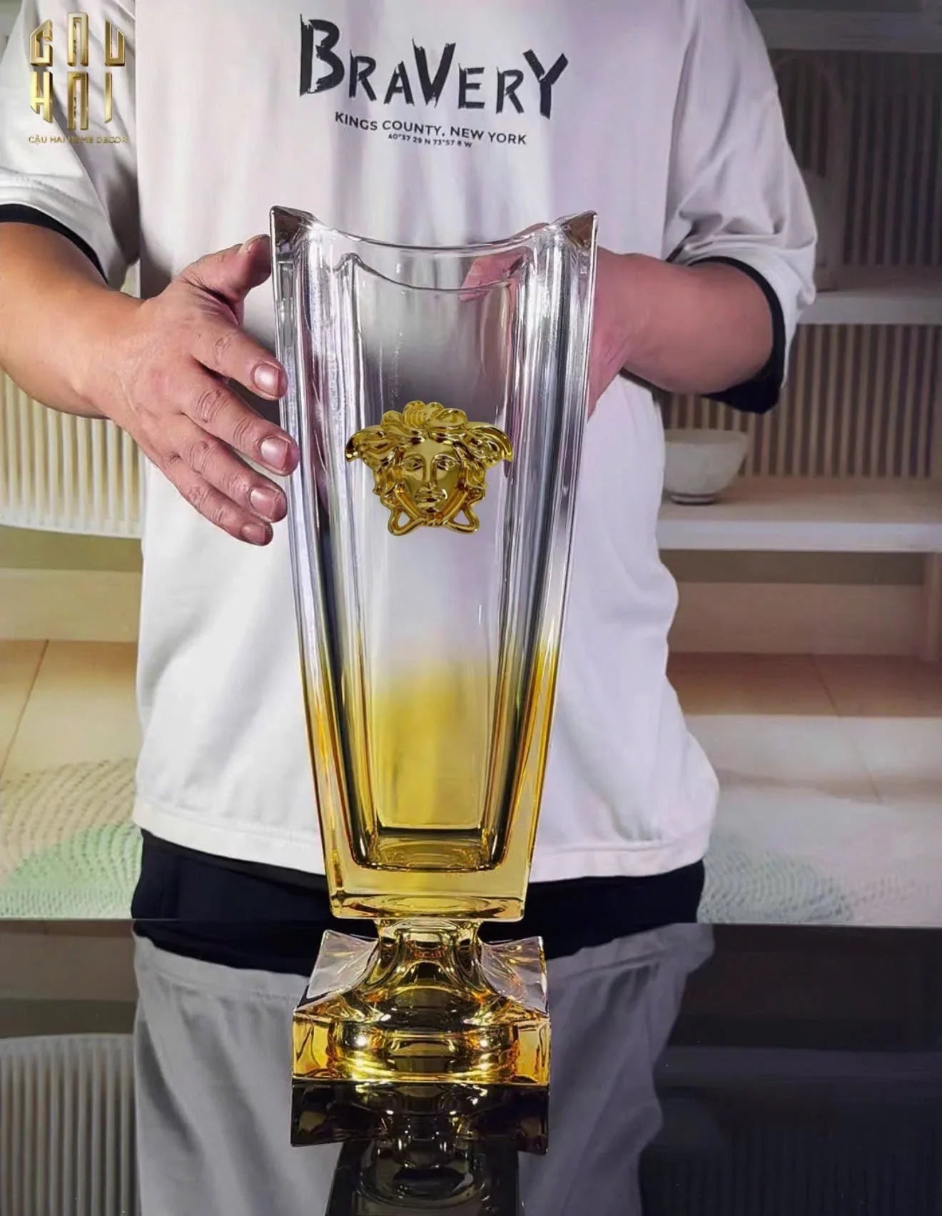 HOME COUTURE - BÌNH HOA CRYSTAL CHAMPAGE AZURE MEDUSA H36 - CẬU HAI HOME DECOR