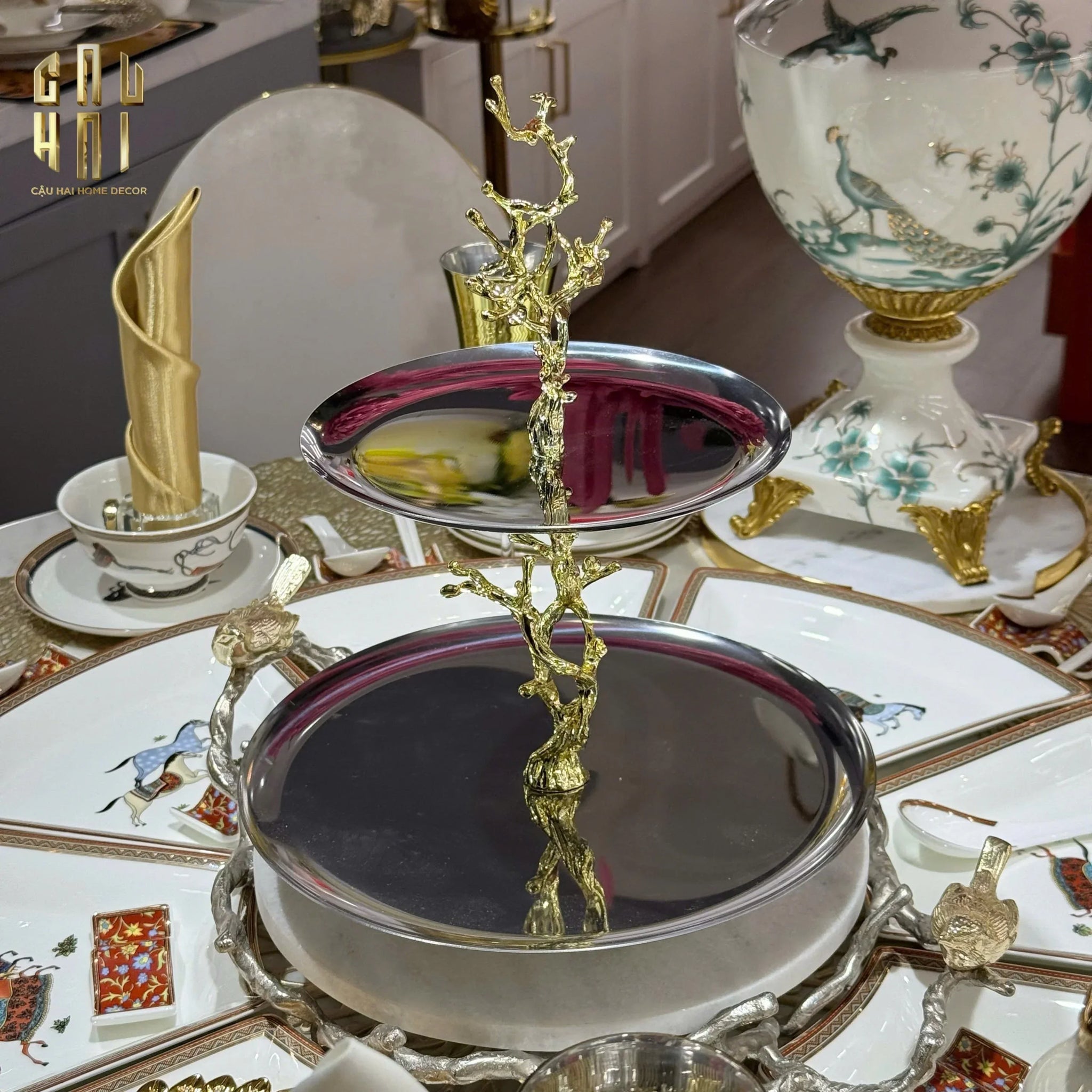 Home Couture - Đĩa 2 Tầng Platinum Elysian Branch Étagère-CẬU HAI HOME DECOR