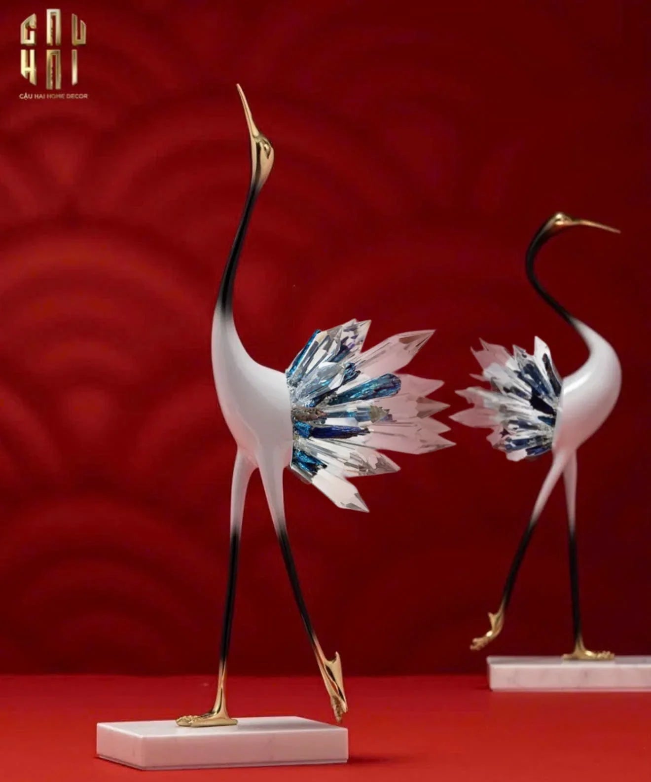 HOME COUTURE - SET 2 TƯỢNG TIÊN HẠC PHA LÊ - CELESTIAL CRYSTAL CRANES-CẬU HAI HOME DECOR
