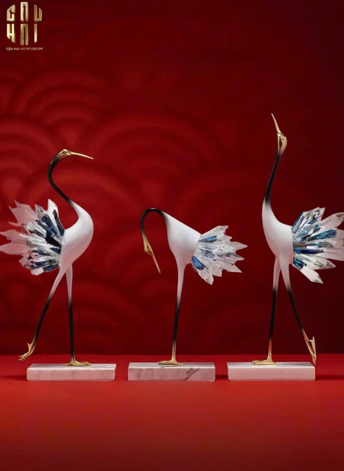 HOME COUTURE - SET 2 TƯỢNG TIÊN HẠC PHA LÊ - CELESTIAL CRYSTAL CRANES-CẬU HAI HOME DECOR