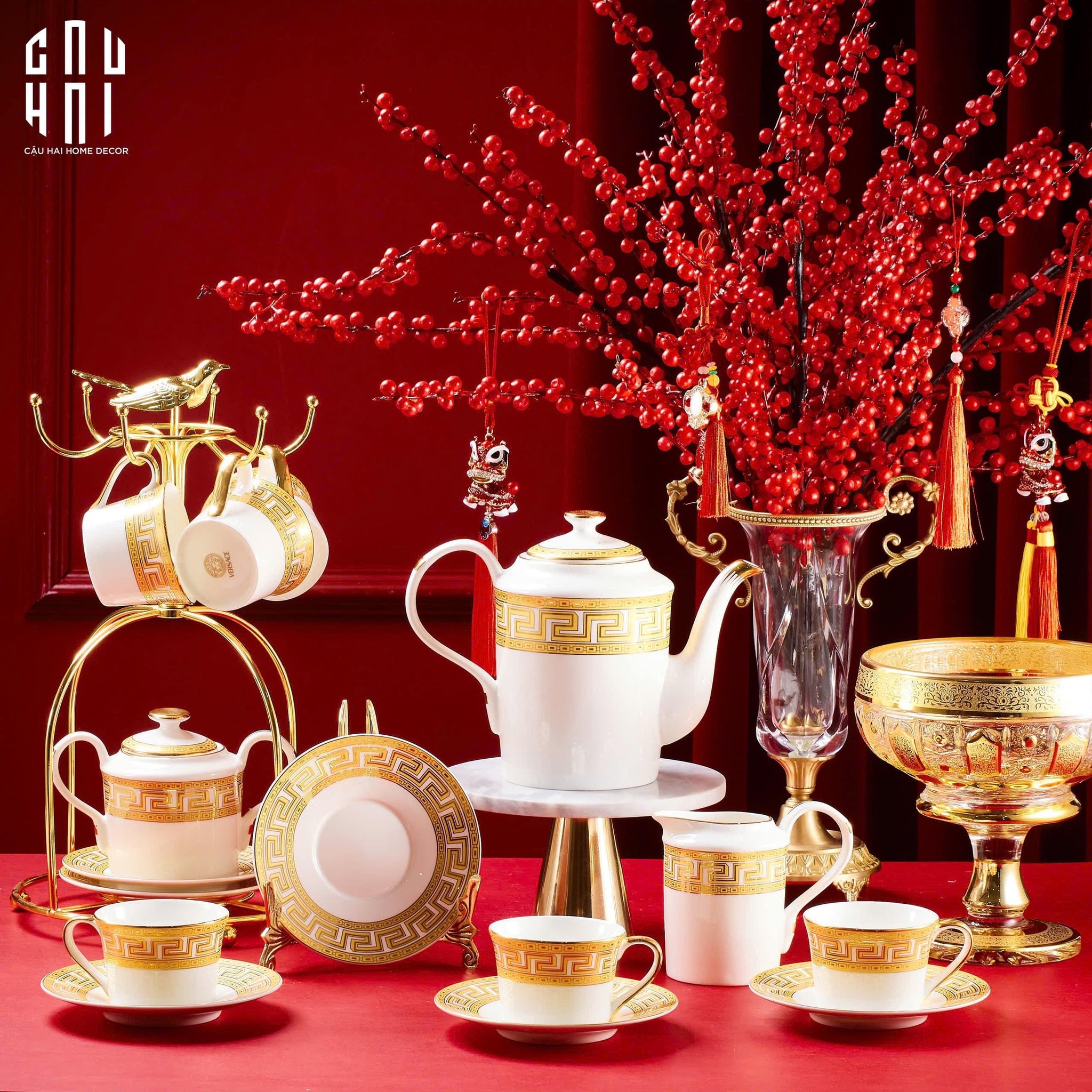 HOME COUTURE - SET BÌNH TRÀ GOLDEN GREEK KEY - FULL BOX SS25 - CẬU HAI HOME DECOR