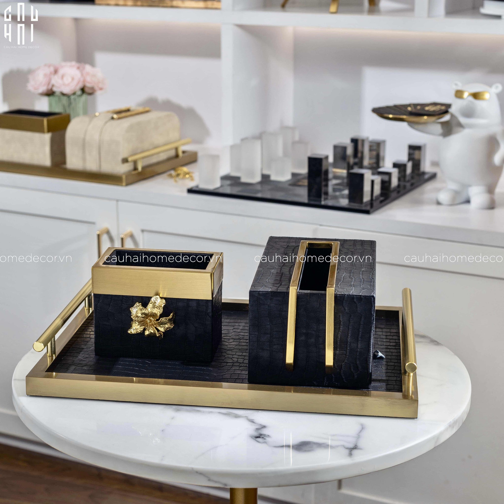 HOME COUTURE - SET KHAY HỘP GIẤY BIRKIN PREMIUM + LEATHER TRAY 3PCS SS25 - CẬU HAI HOME DECOR