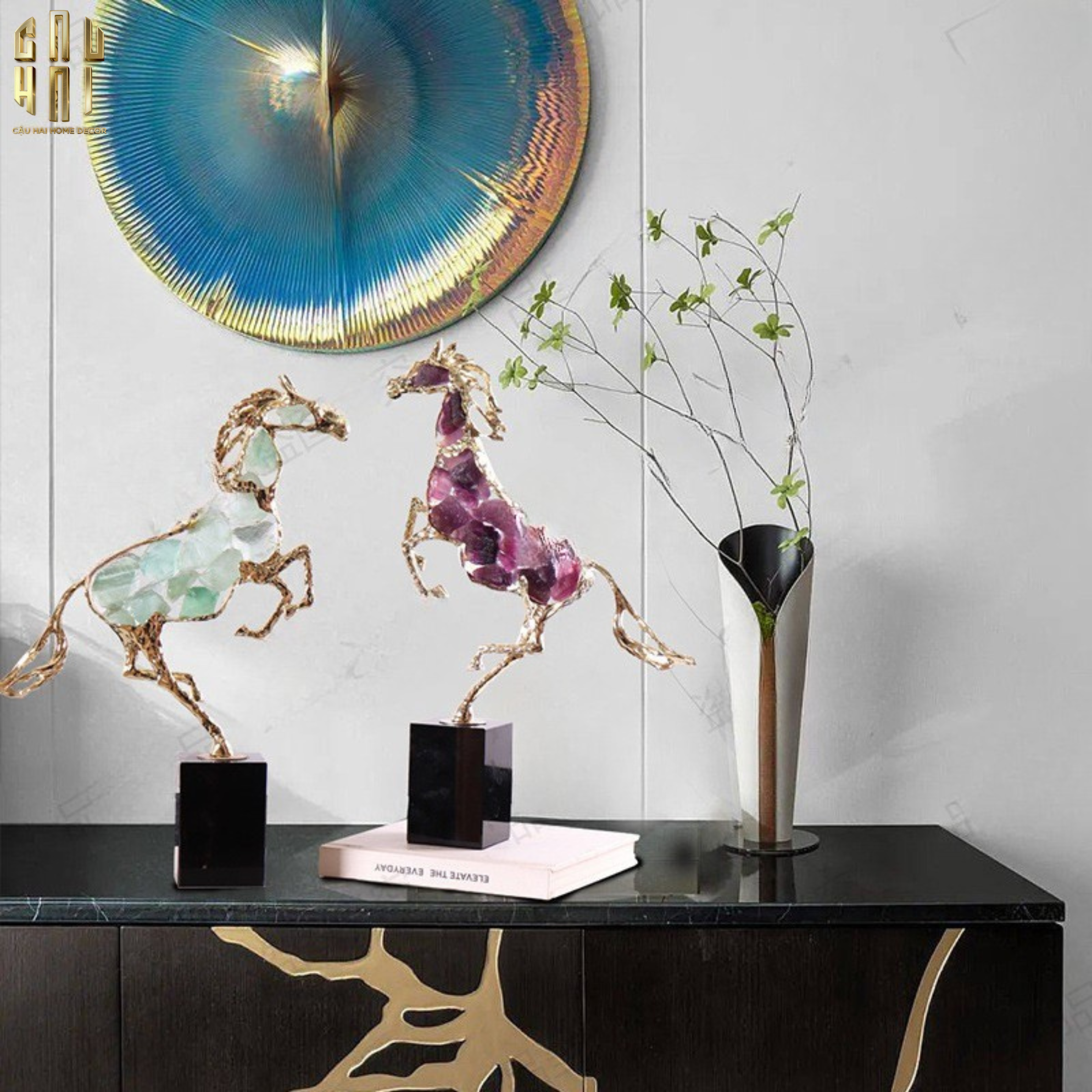 HOME COUTURE - TƯỢNG NGỰA ĐỒNG ĐÁ QUÝ AZURE CAVALIER H41-CẬU HAI HOME DECOR