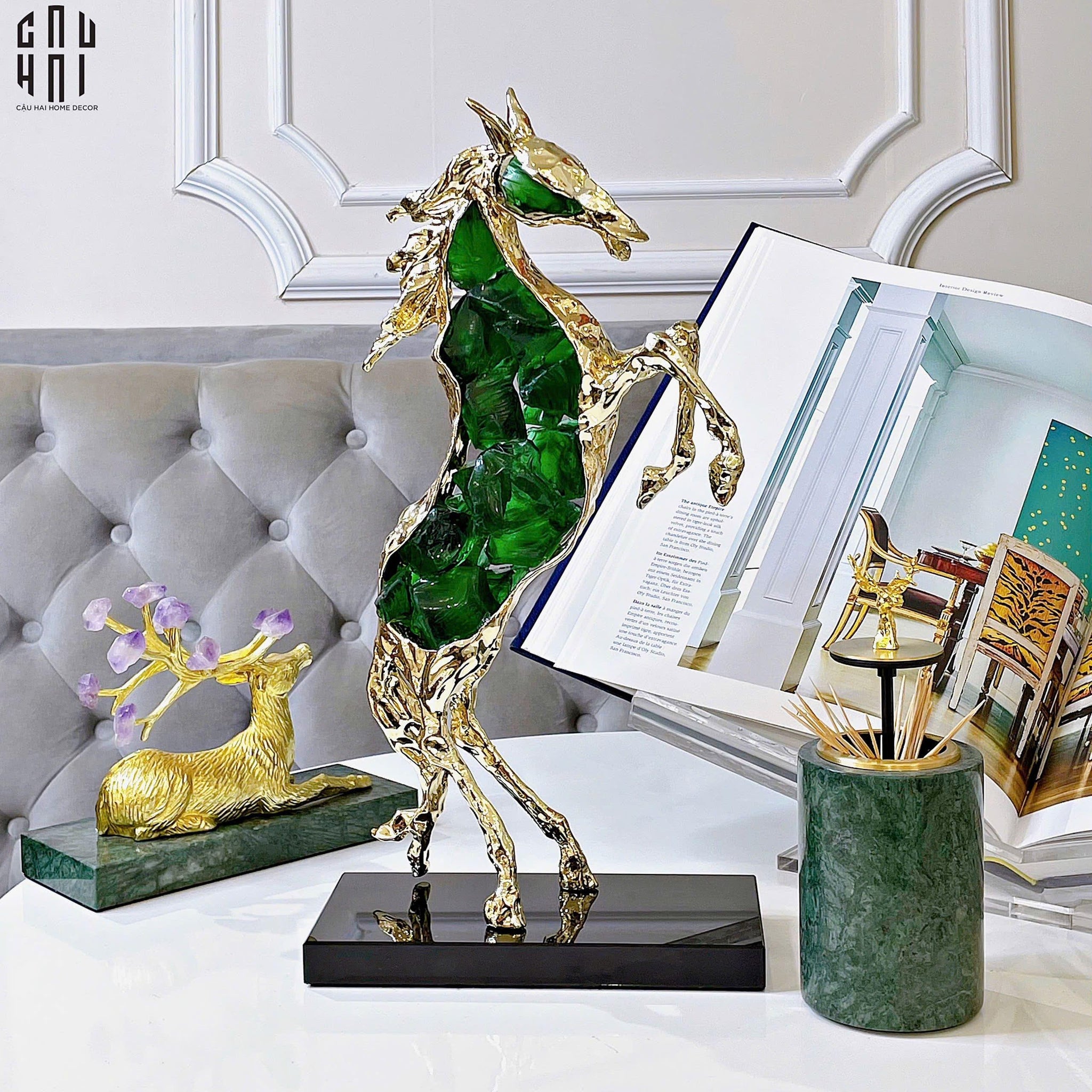 HOME COUTURE - TƯỢNG NGỰA ĐỒNG ĐÁ QUÝ GILDED CAVALIER AVENTURINE-CẬU HAI HOME DECOR