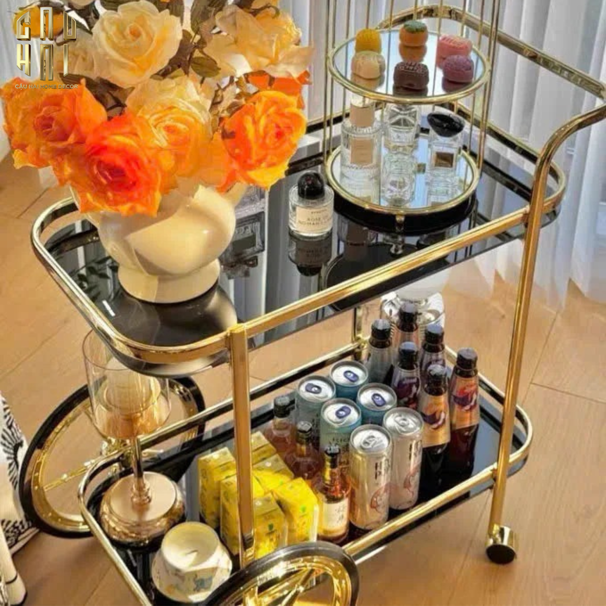 HOME COUTURE - XE ĐẨY QUẦY BAR CAR HEMINGWAY TROLLEY - BLACK MIRROR - CẬU HAI HOME DECOR