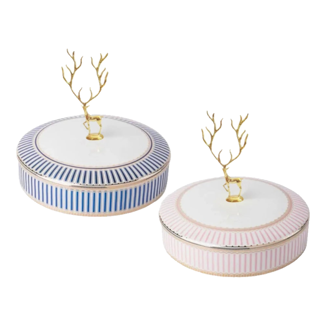 Maison Couture - Hộp Bánh Mứt Linges Antler Noble - Bleu / Rose Plateau-Lọ kẹo Canister Bonbonnière-Đối tác tại Trung Quốc theo từng đơn đặt hàng-CẬU HAI HOME DECOR