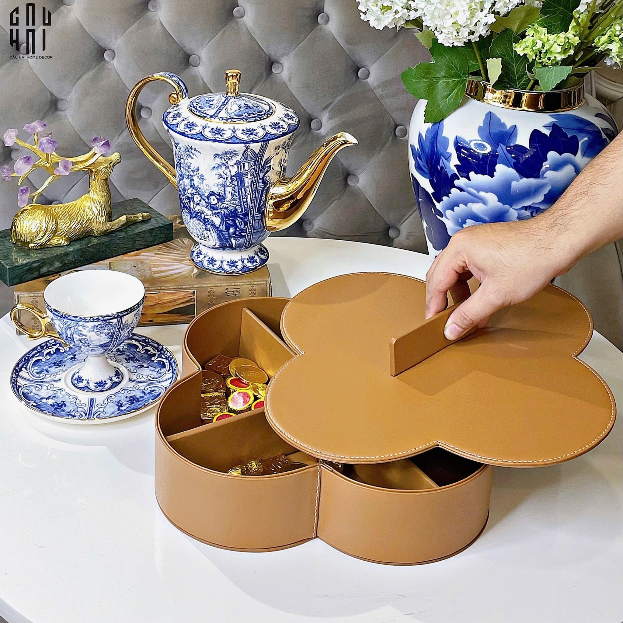 Hộp Bánh Mứt Da Lux Leather Terra Fleur Monogram 33-CẬU HAI HOME DECOR