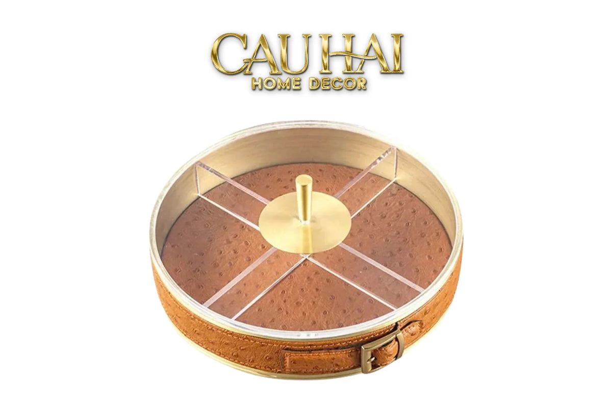 Hộp Bánh Mứt Lux Leather Brasson Orange Belt-Lọ kẹo Canister Bonbonnière-Đối tác tại Trung Quốc theo từng đơn đặt hàng-CẬU HAI HOME DECOR