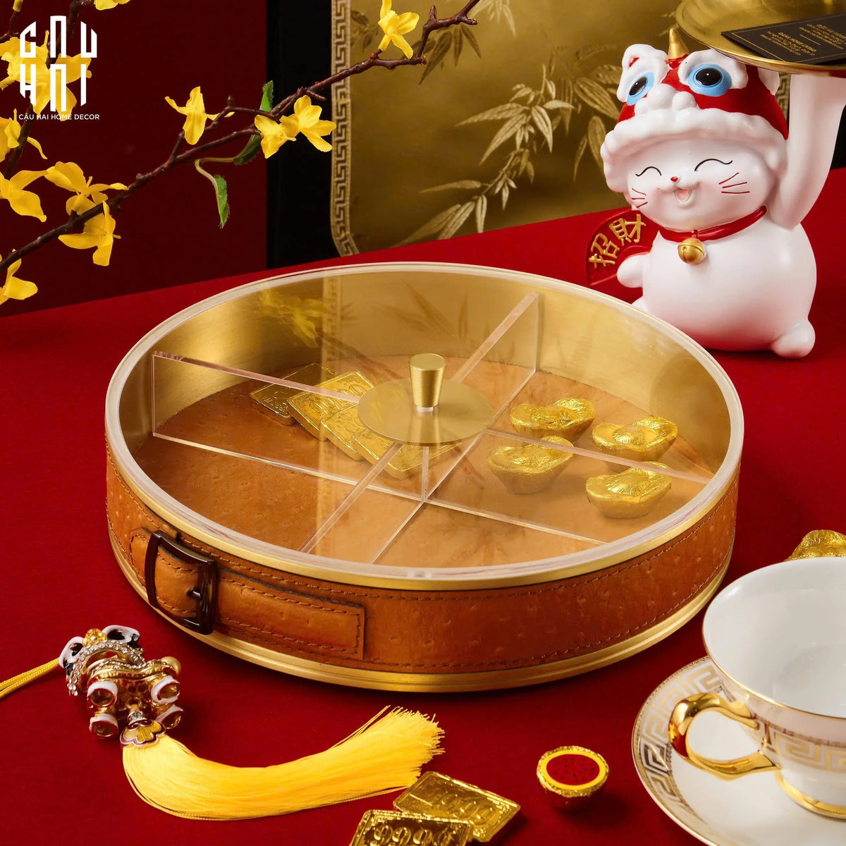 Hộp Bánh Mứt Lux Leather Brasson Orange Belt-Lọ kẹo Canister Bonbonnière-Đối tác tại Trung Quốc theo từng đơn đặt hàng-CẬU HAI HOME DECOR