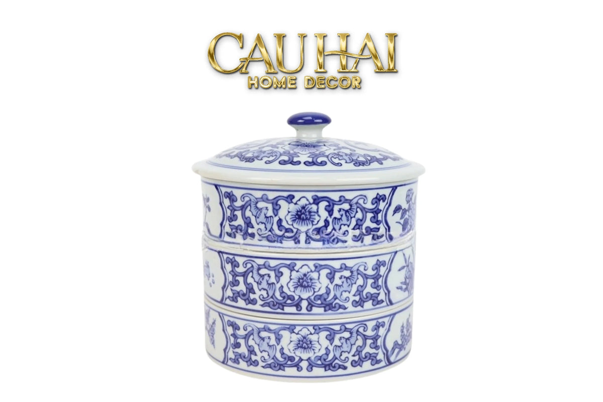 Hộp Bánh Mứt Tam Bảo Indochine Indigo Porcelain-Lọ kẹo Canister Bonbonnière-Đối tác tại Trung Quốc theo từng đơn đặt hàng-CẬU HAI HOME DECOR