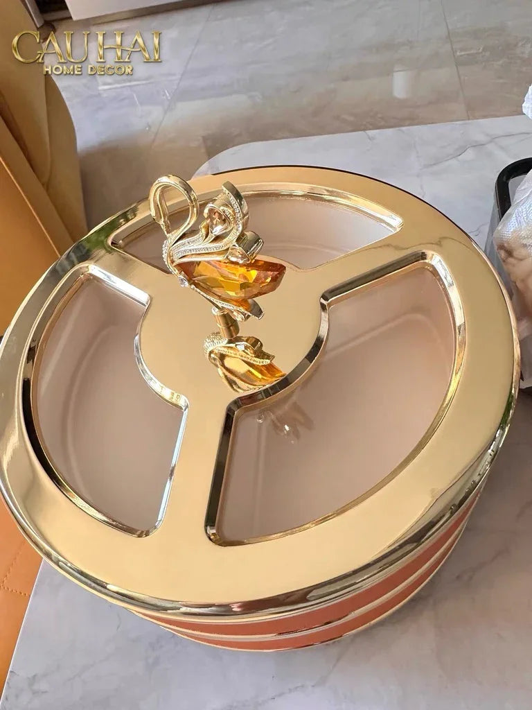 Hộp Bánh Mứt Thiên Nga 2 Tầng Jewelry Swan Solitaire Vermilion Patina 26x21-CẬU HAI HOME DECOR