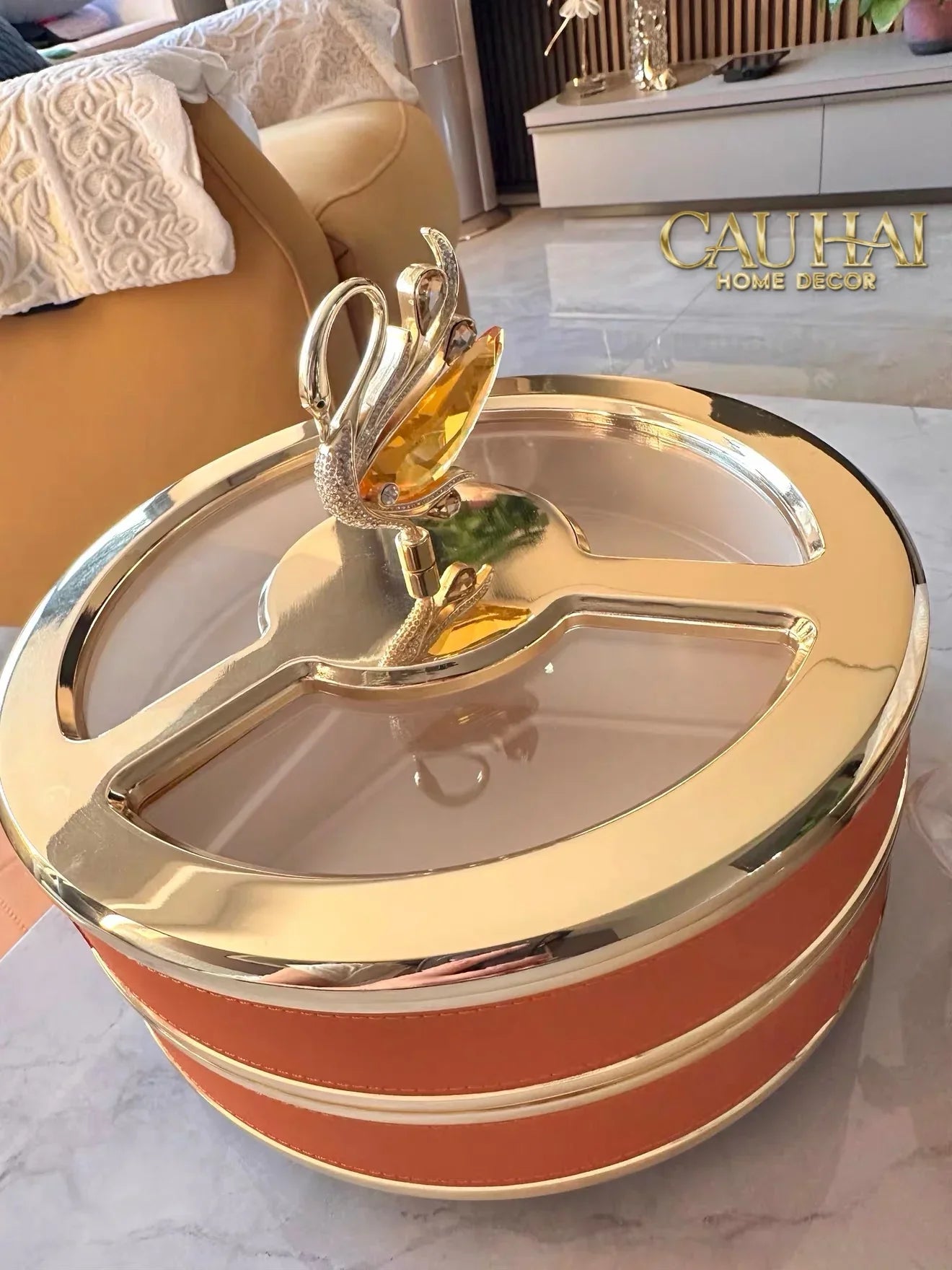 Hộp Bánh Mứt Thiên Nga 2 Tầng Jewelry Swan Solitaire Vermilion Patina 26x21-CẬU HAI HOME DECOR