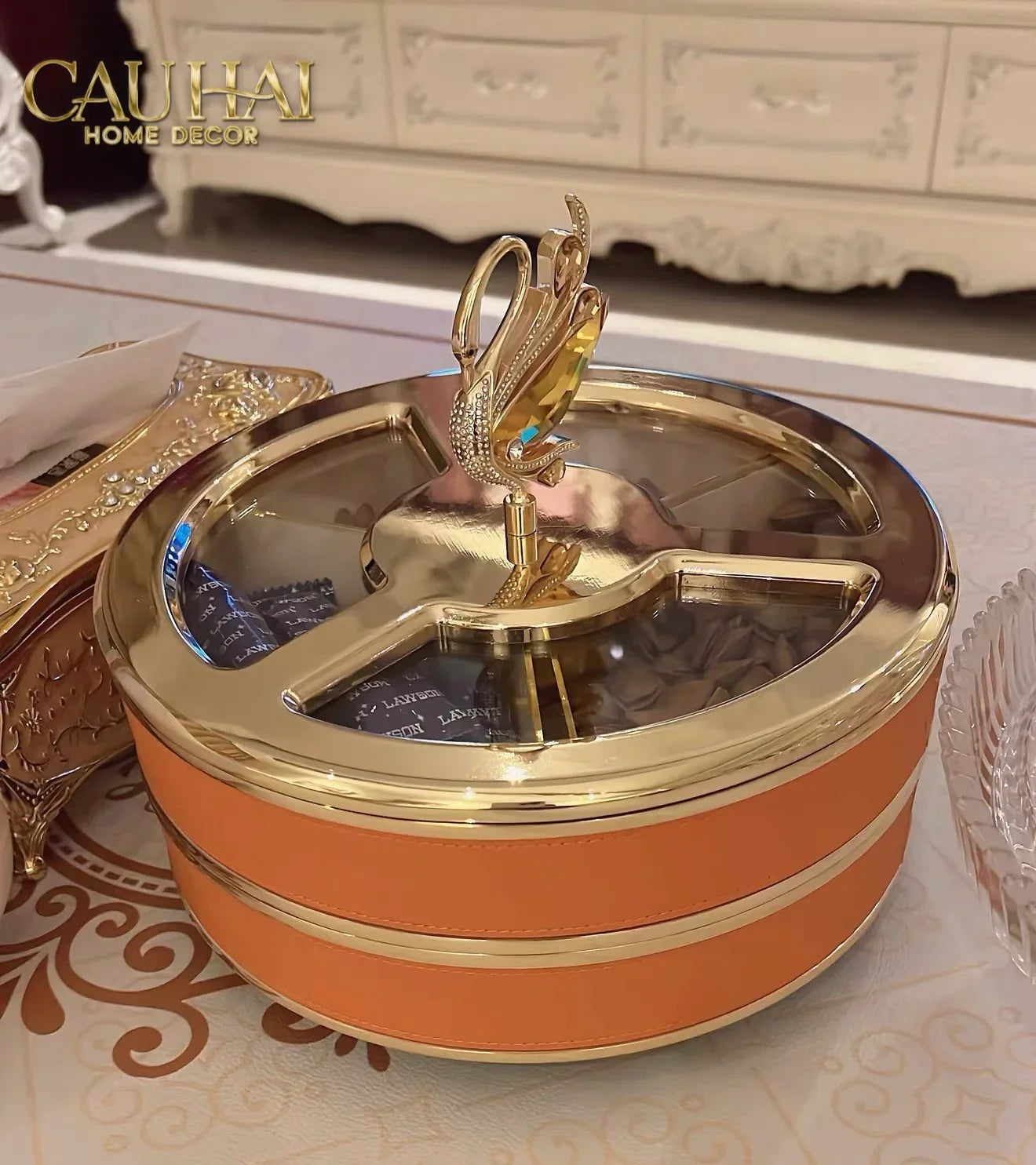 Hộp Bánh Mứt Thiên Nga 2 Tầng Jewelry Swan Solitaire Vermilion Patina 26x21-CẬU HAI HOME DECOR
