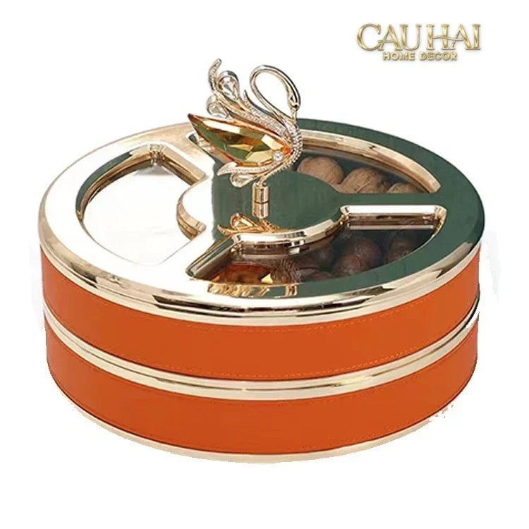 Hộp Bánh Mứt Thiên Nga 2 Tầng Jewelry Swan Solitaire Vermilion Patina 26x21-Lọ kẹo Canister Bonbonnière-CẬU HAI HOME DECOR-CẬU HAI HOME DECOR