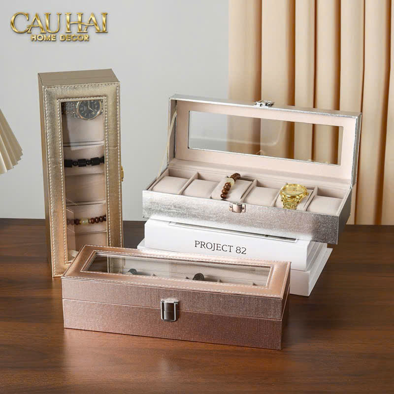 Hộp Đồng Hồ Da Glaze Champagne 6 Slots - CẬU HAI HOME DECOR
