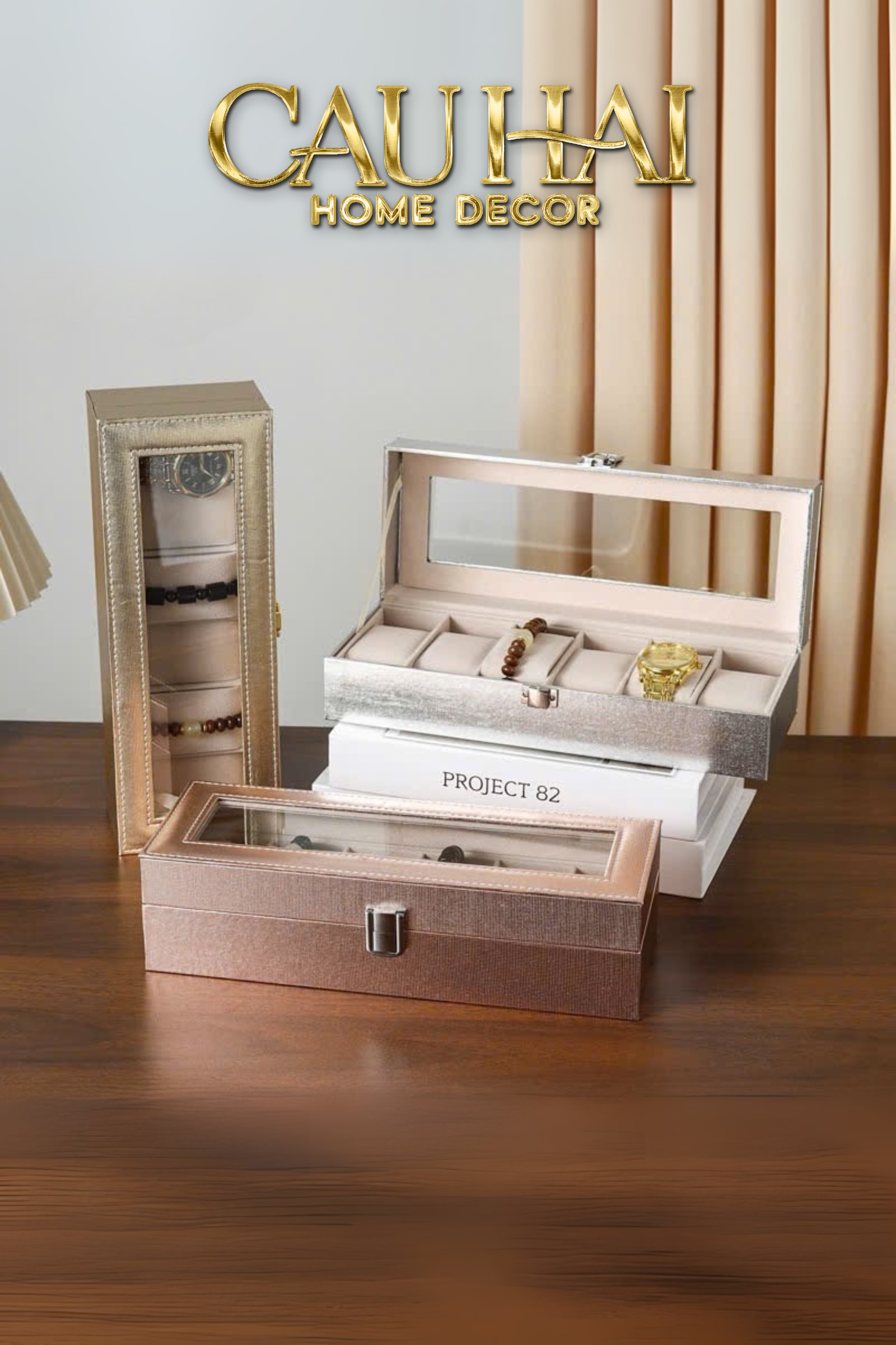 Hộp Đồng Hồ Da Glaze Champagne 6 Slots - CẬU HAI HOME DECOR