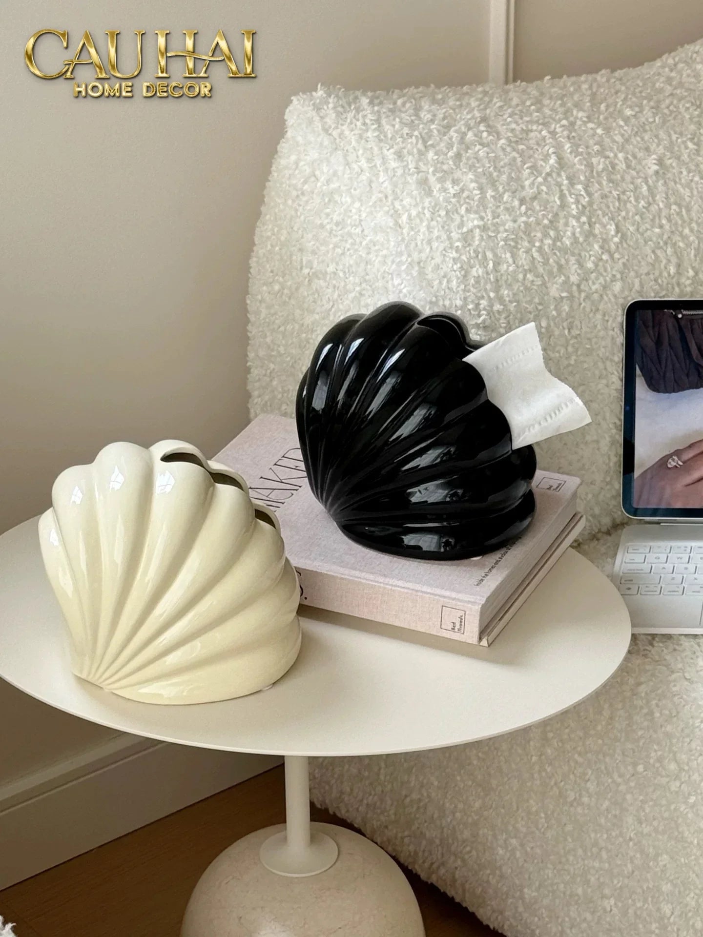 Hộp Khăn Giấy Ceramic Snow Nordic Shell Box-CẬU HAI HOME DECOR