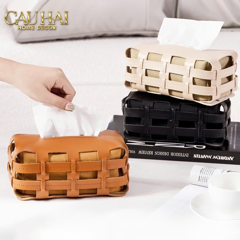 Hộp Khăn Giấy Da Đan Signature Orange Lux Leather Carré Vanity Tissue Holder - CẬU HAI HOME DECOR