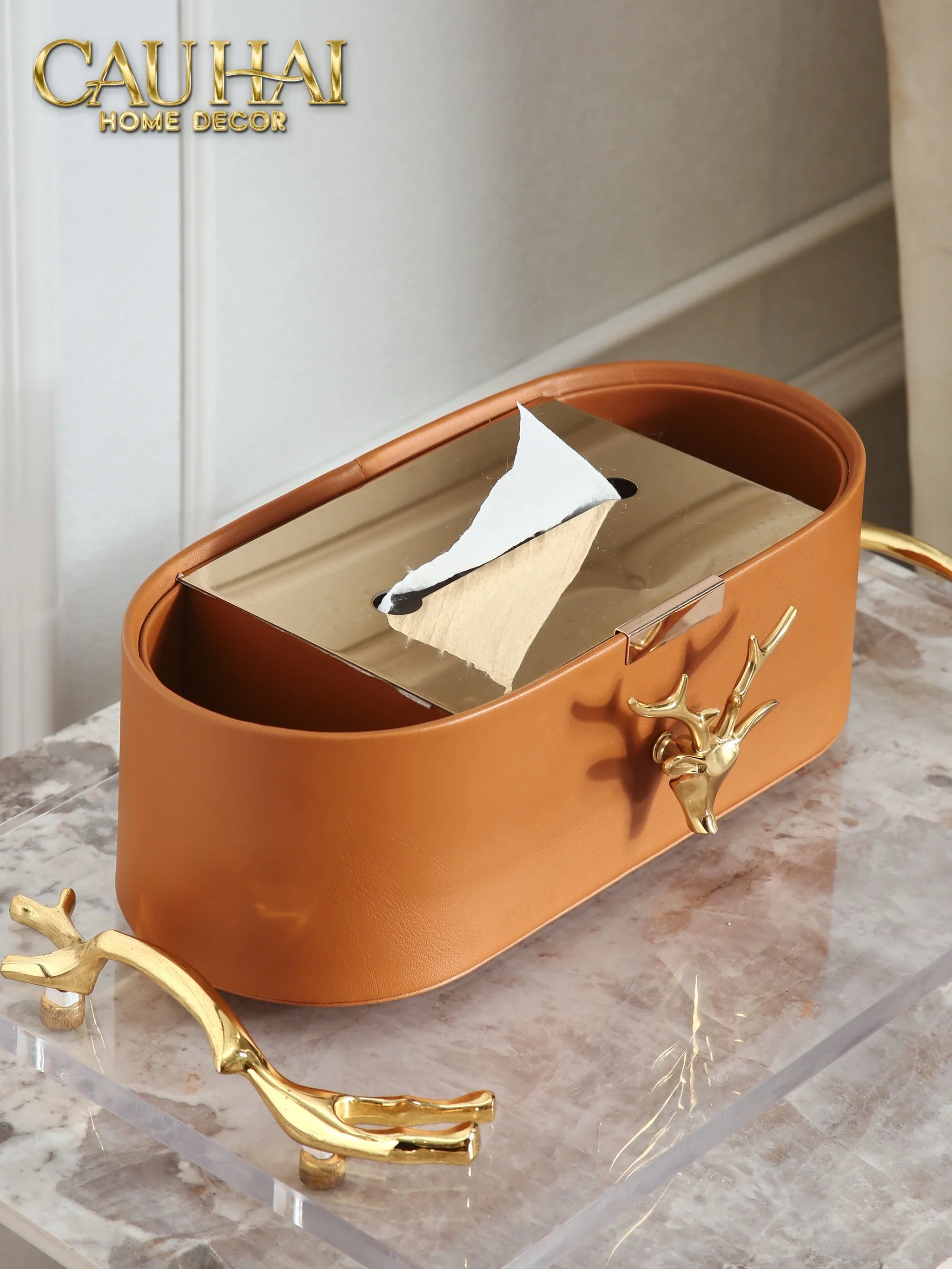 Hộp Khăn Giấy Da Golden Alley Antler Leather-CẬU HAI HOME DECOR